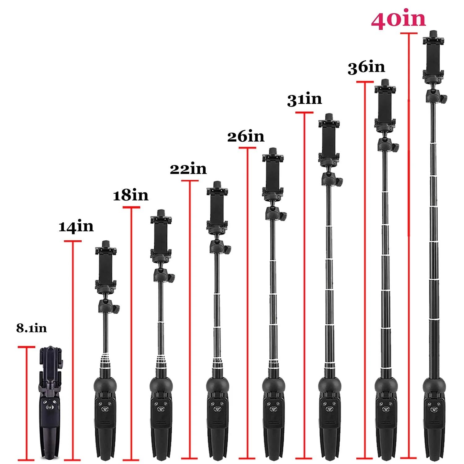 Portable 40 Inch Aluminum Alloy Selfie Stick Phone Tripod with Wireless Remote Shutter Compatible with iPhone 13 12 11 pro Xs Max Xr X 8 7 6 Plus, Android Samsung Smartphone - Image 5
