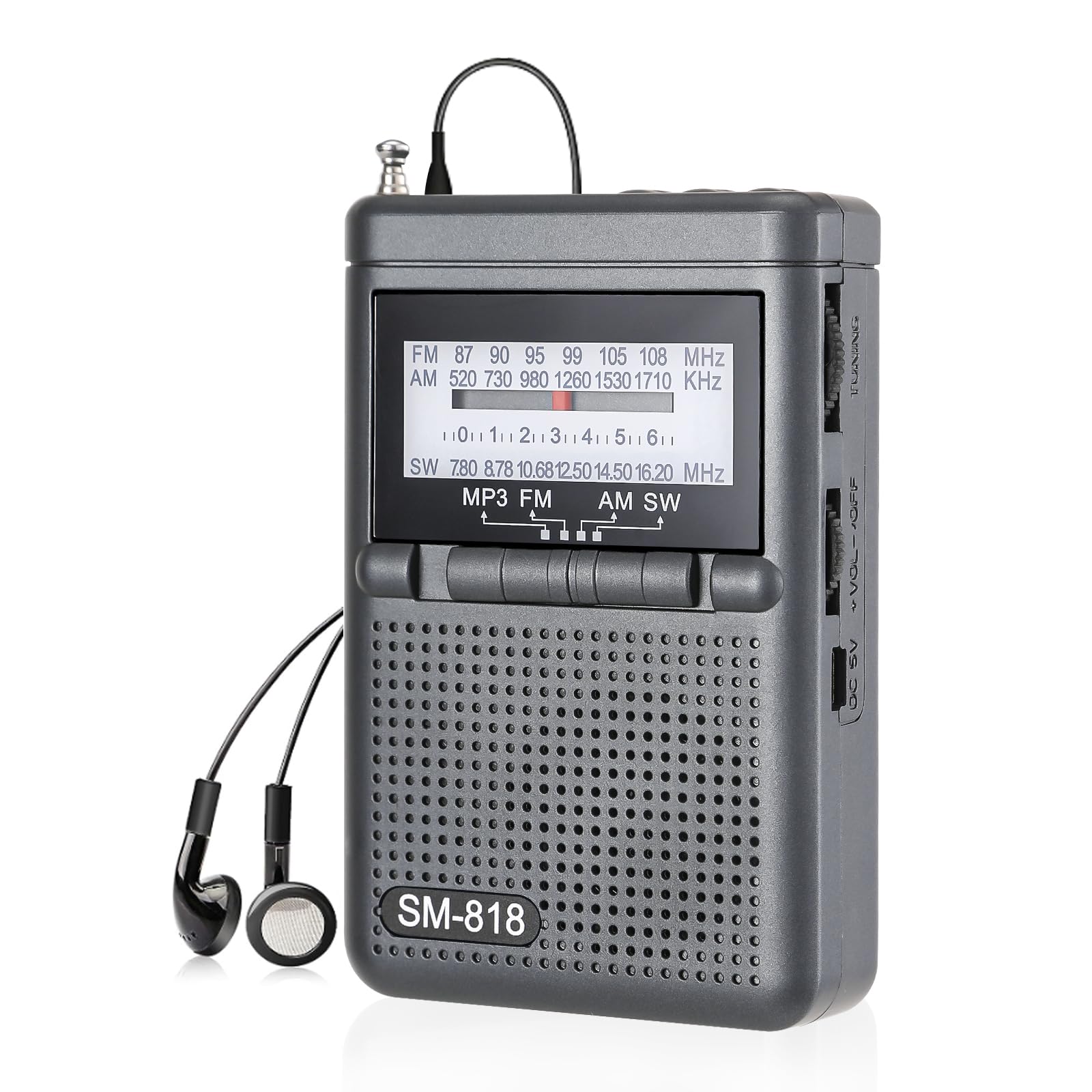Portable AM FM Radio, Shortwave Transistor Pocket Radio Walkman with Loud Speaker, Headphone Jack, 1200mAh Rechargeable Battery Power, Support TF Card/USB Playing for Indoor Outdoor
