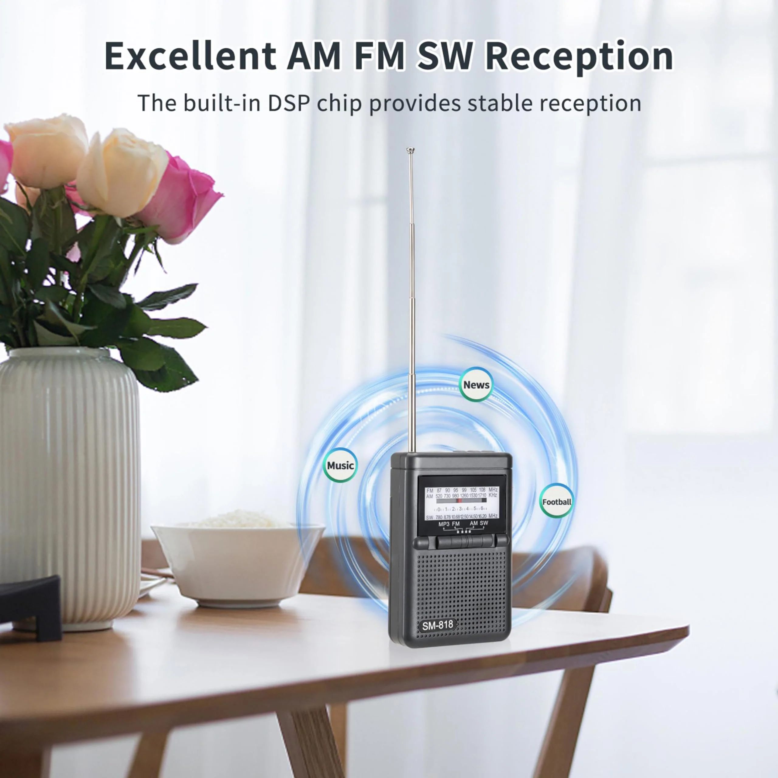 Portable AM FM Radio, Shortwave Transistor Pocket Radio Walkman with Loud Speaker, Headphone Jack, 1200mAh Rechargeable Battery Power, Support TF Card/USB Playing for Indoor Outdoor - Image 2
