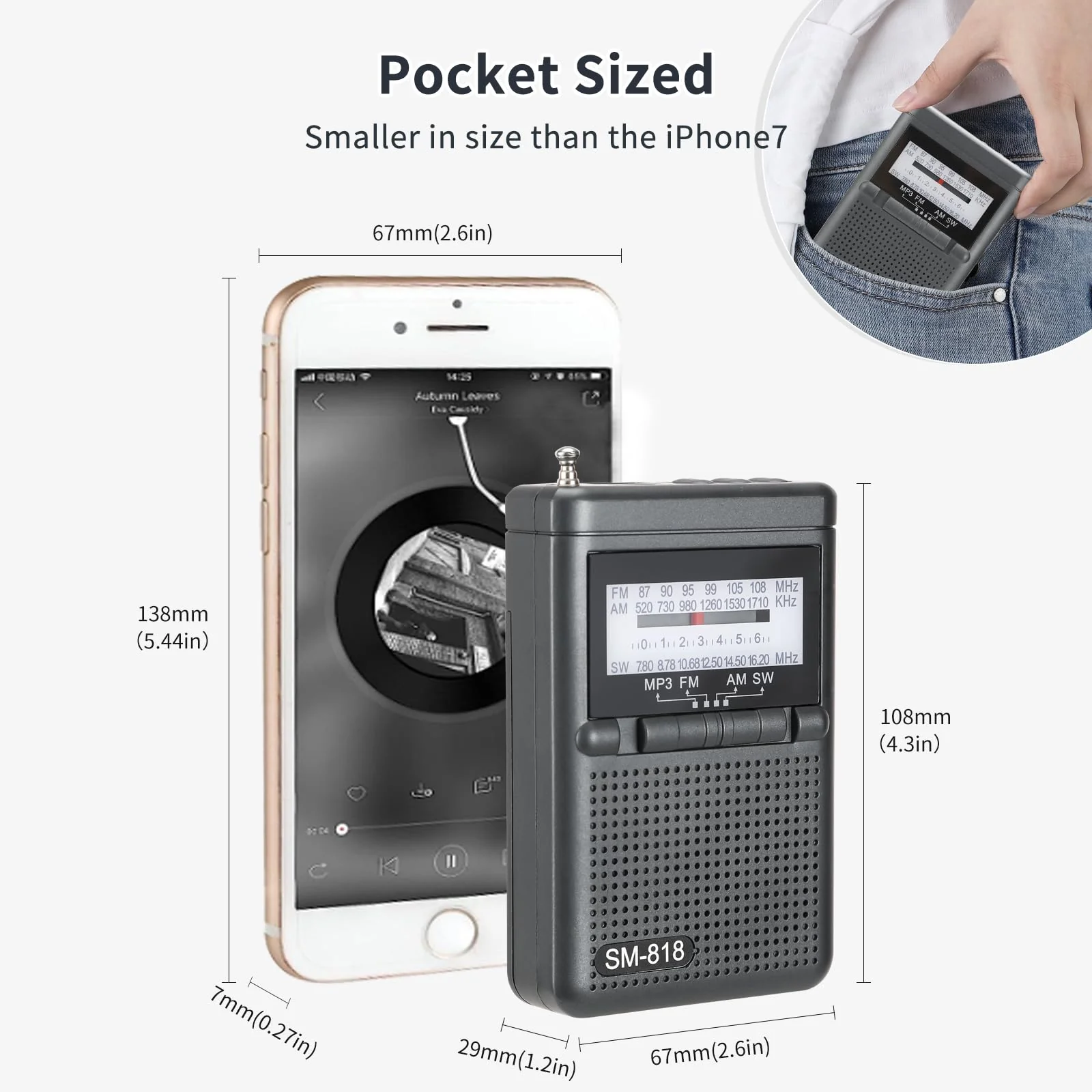 Portable AM FM Radio, Shortwave Transistor Pocket Radio Walkman with Loud Speaker, Headphone Jack, 1200mAh Rechargeable Battery Power, Support TF Card/USB Playing for Indoor Outdoor - Image 5