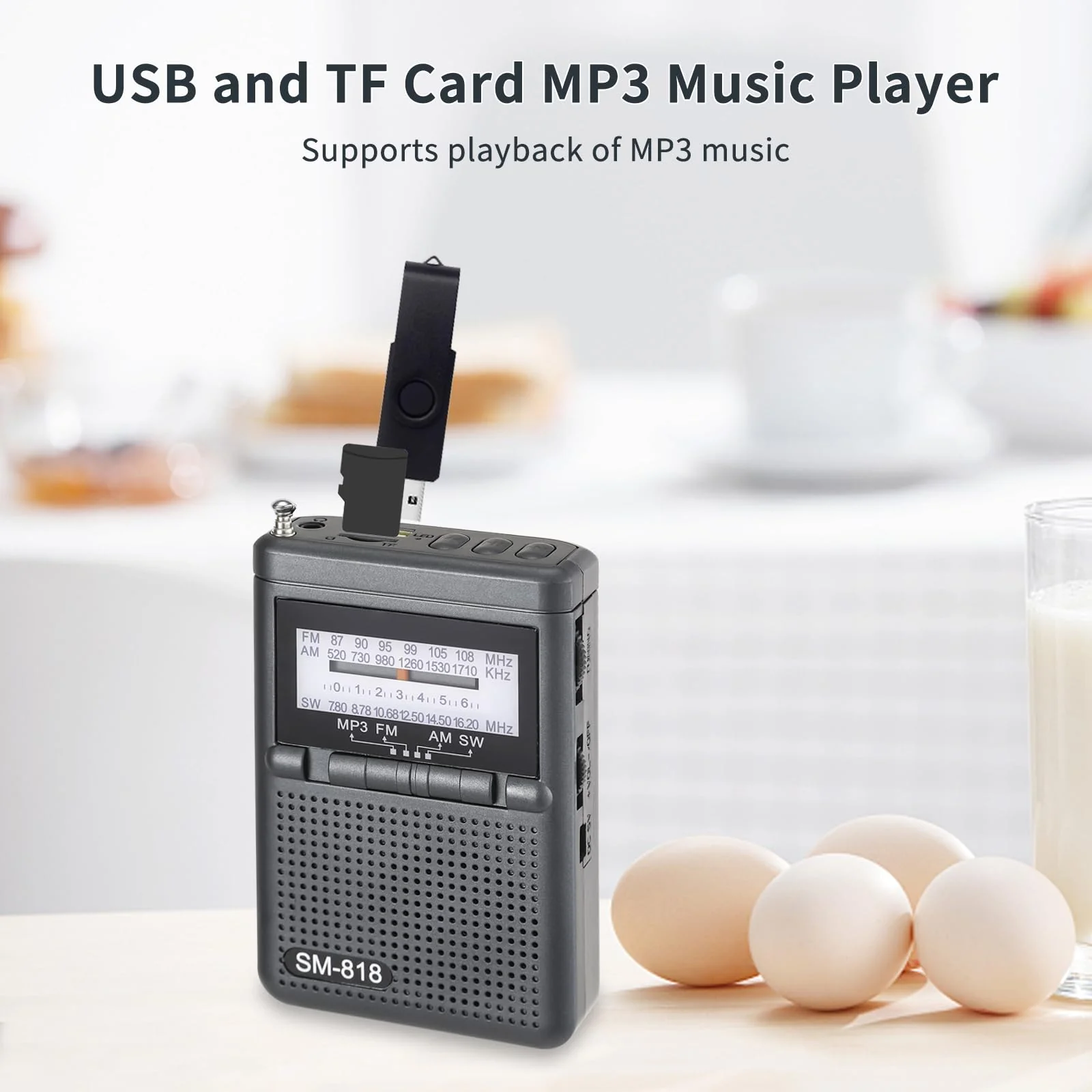 Portable AM FM Radio, Shortwave Transistor Pocket Radio Walkman with Loud Speaker, Headphone Jack, 1200mAh Rechargeable Battery Power, Support TF Card/USB Playing for Indoor Outdoor - Image 7