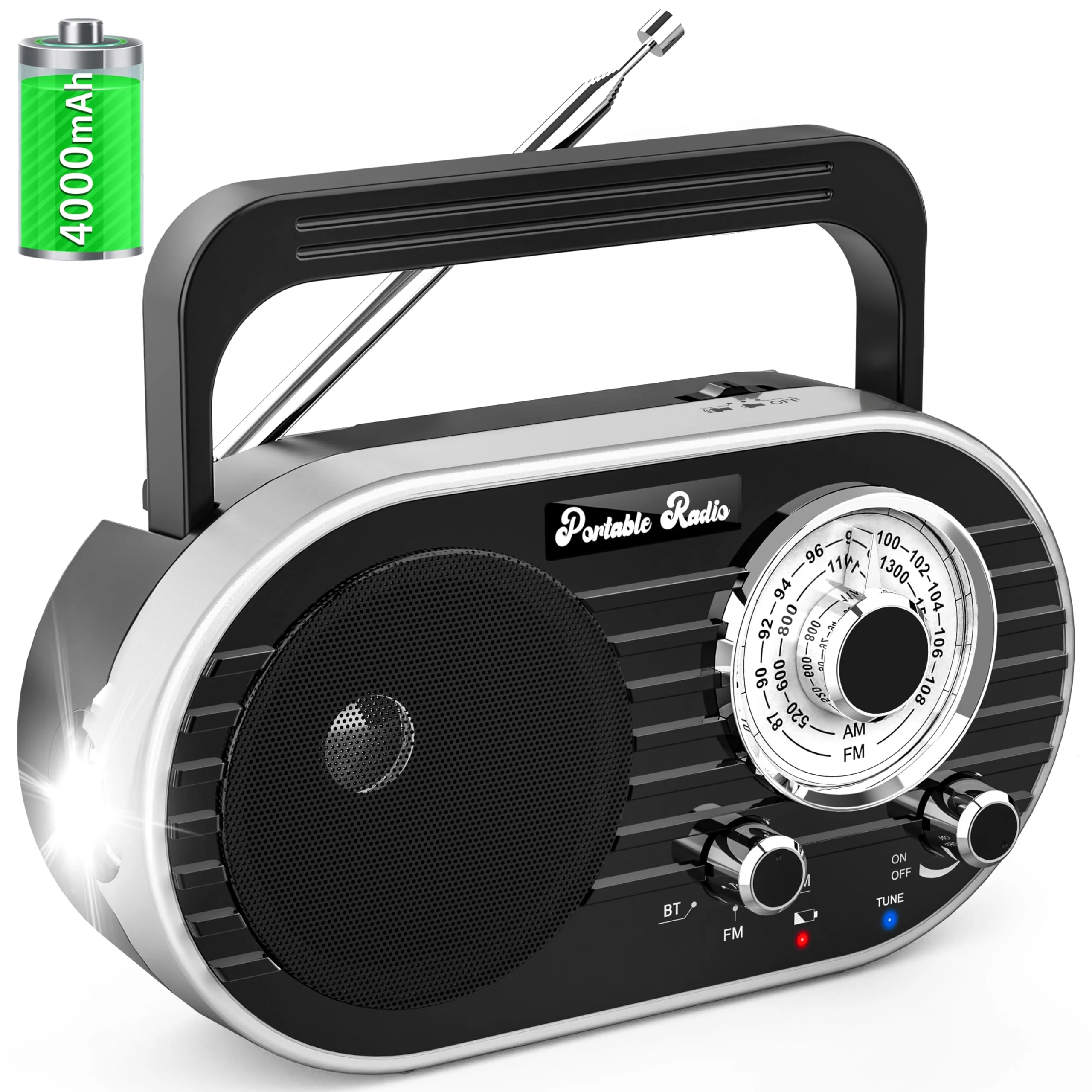 Portable AM FM SW Radio with Bluetooth,4000mAh Rechargeable Radio with Big Speaker,Flashlight,Large Knob,Earphone Jack,4 AA Battery Operated Radio,Transistor Radio with Best Reception for Home&Outdoor