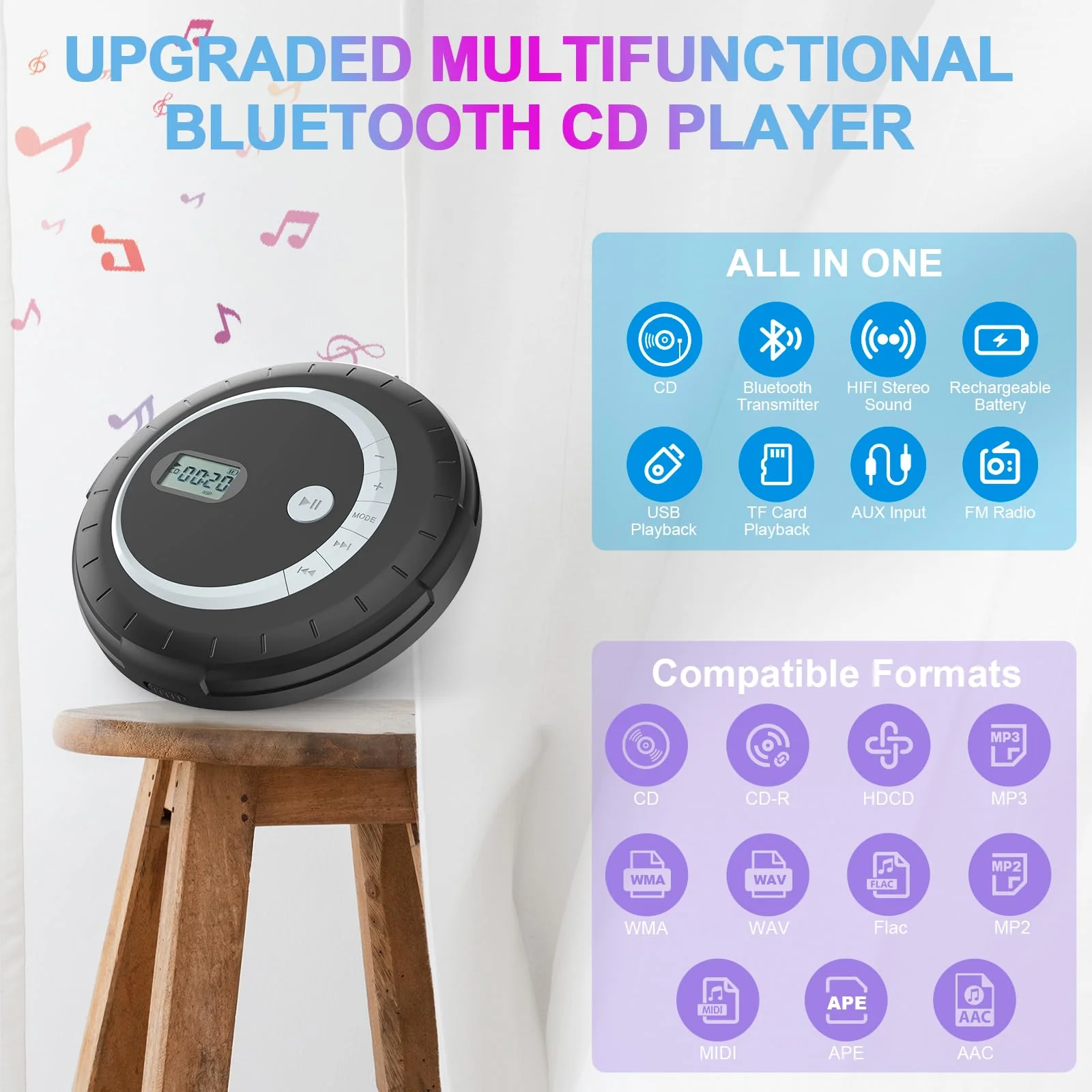 Portable Bluetooth CD Player - Bluetooth CD Player for Car with Anti-Skip Protection, Small Rechargeable CD Player for Home, Walkman CD Player Portable with Headphones with HiFi Stereo Sound Black - Image 2