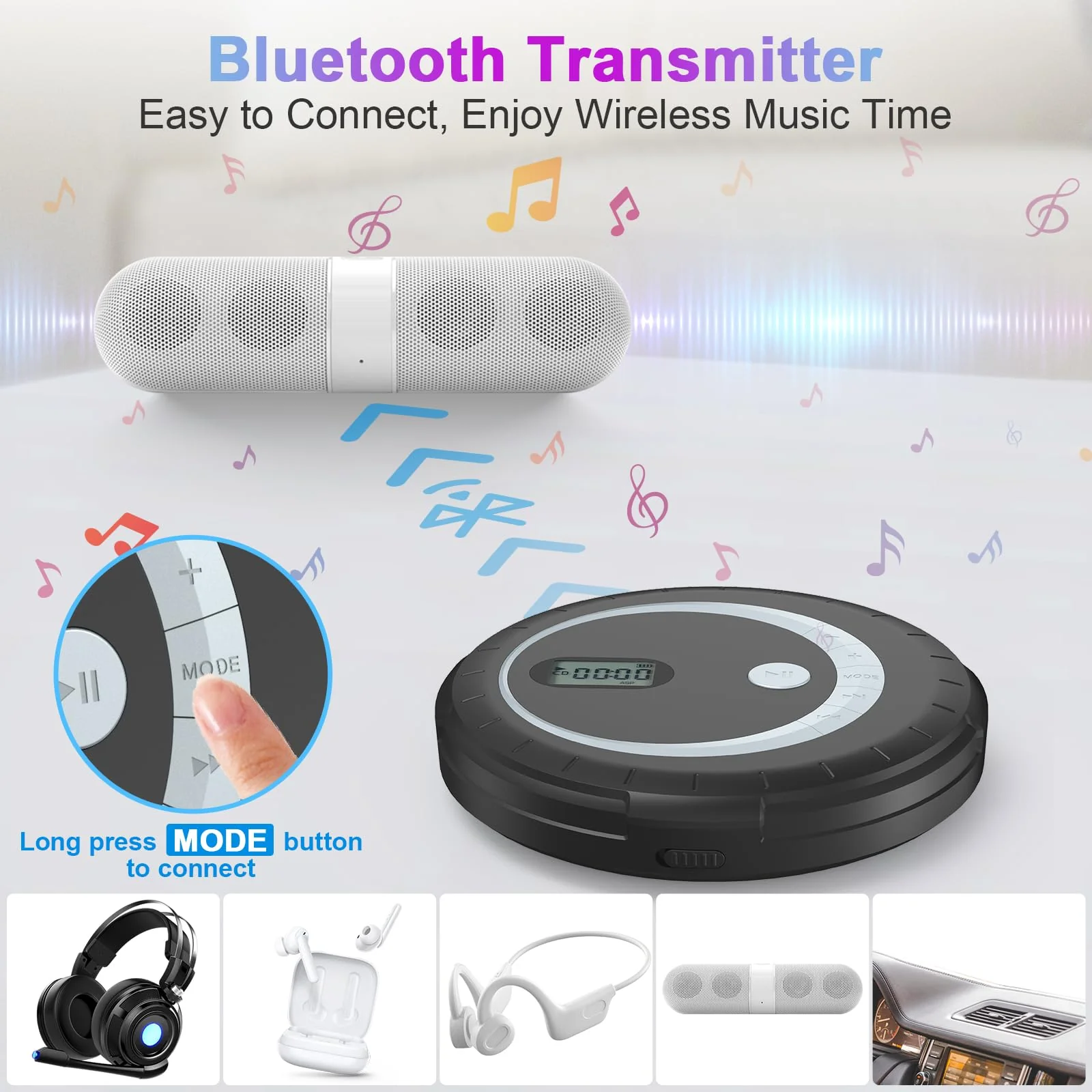 Portable Bluetooth CD Player - Bluetooth CD Player for Car with Anti-Skip Protection, Small Rechargeable CD Player for Home, Walkman CD Player Portable with Headphones with HiFi Stereo Sound Black - Image 3