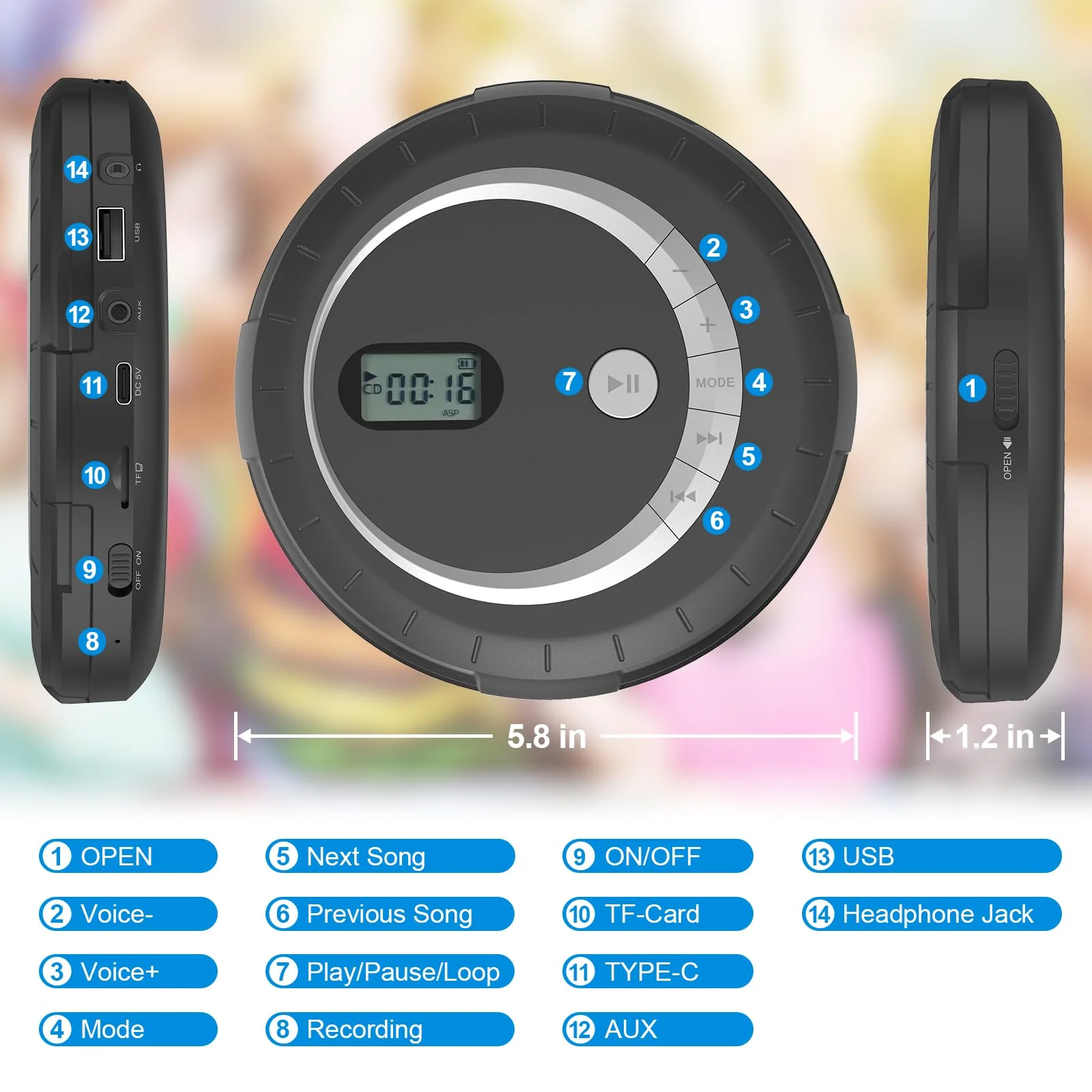Portable Bluetooth CD Player - Bluetooth CD Player for Car with Anti-Skip Protection, Small Rechargeable CD Player for Home, Walkman CD Player Portable with Headphones with HiFi Stereo Sound Black - Image 7