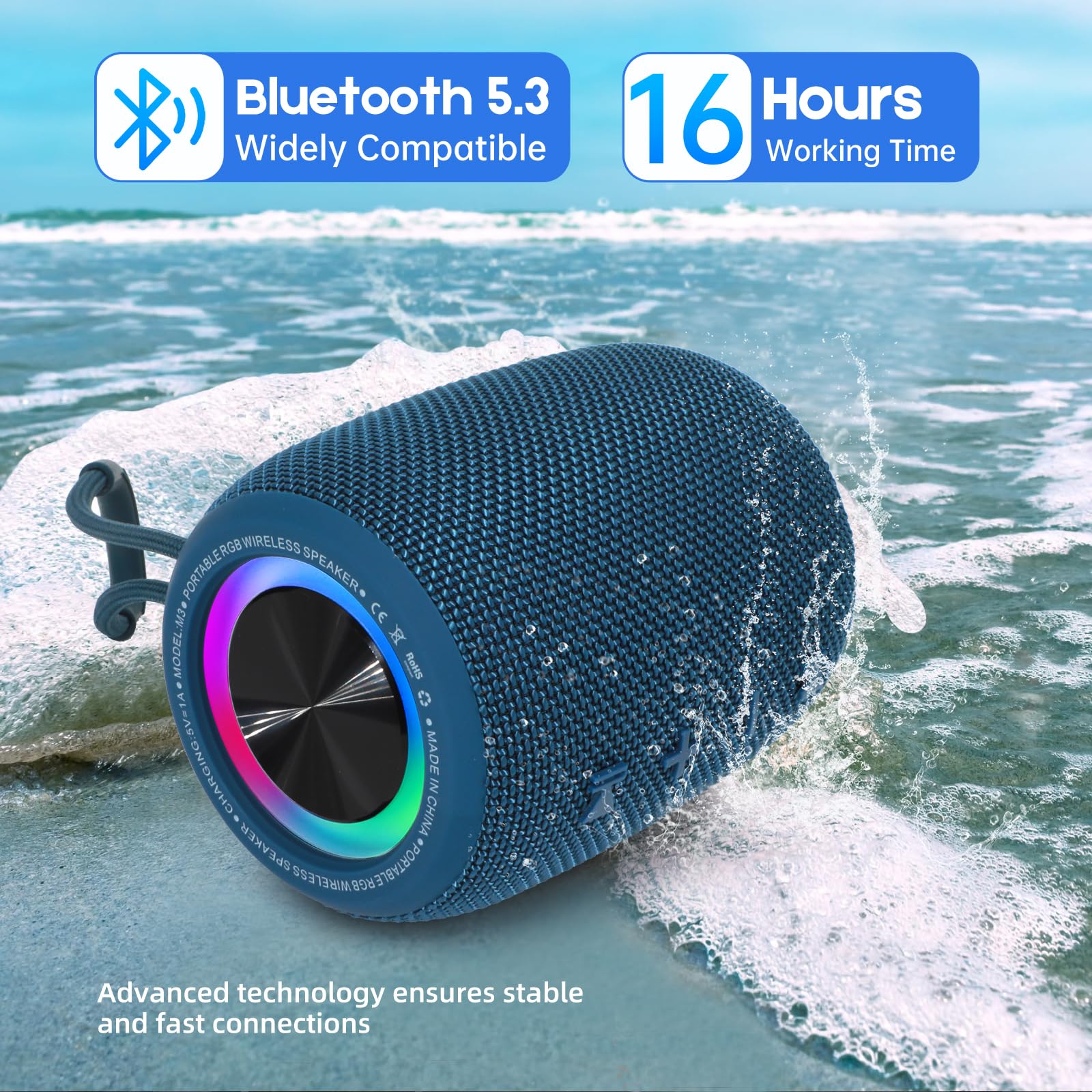 Portable Bluetooth Speaker, BT5.3 Wireless Speaker 20W Bass Diaphragms with Multi LED Light Dynamic Modes, IPX6 Waterproof 16H Playtime supports FM Mode, TF, USB for Home, Cycling, Outdoor, Beach Blue - Image 4