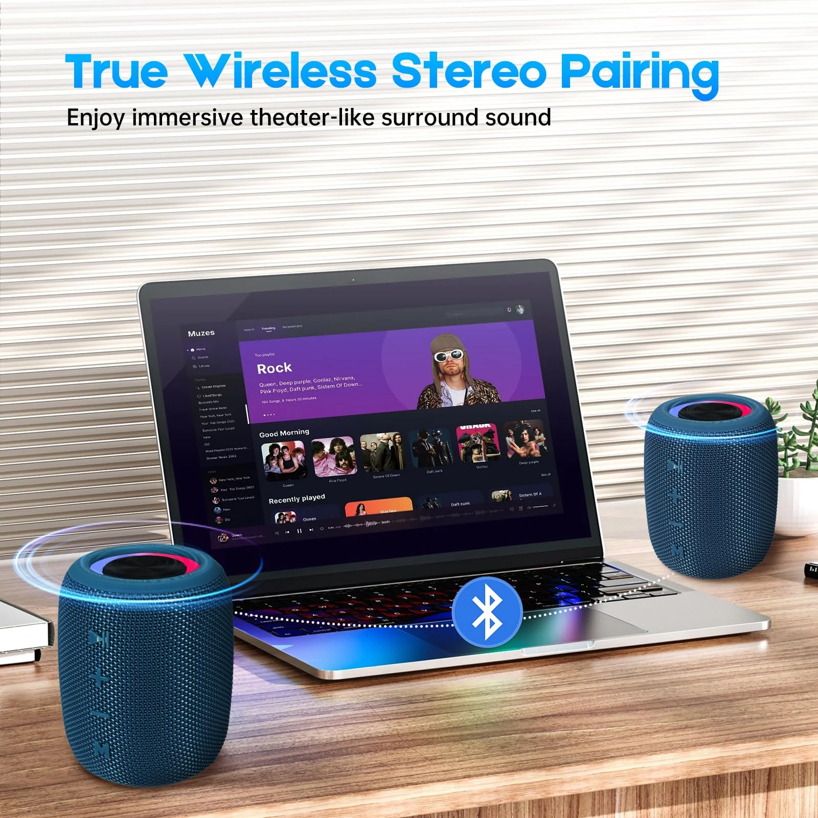 Portable Bluetooth Speaker, BT5.3 Wireless Speaker 20W Bass Diaphragms with Multi LED Light Dynamic Modes, IPX6 Waterproof 16H Playtime supports FM Mode, TF, USB for Home, Cycling, Outdoor, Beach Blue - Image 7