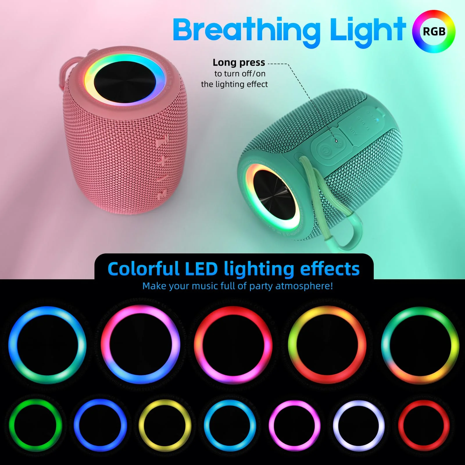 Portable Bluetooth Speaker, BT5.3 Wireless Speaker 20W Bass Diaphragms with Multi LED Light Dynamic Modes, IPX6 Waterproof 16H Playtime supports FM Mode, TF, USB for Home, Cycling, Outdoor, Beach Teal - Image 3
