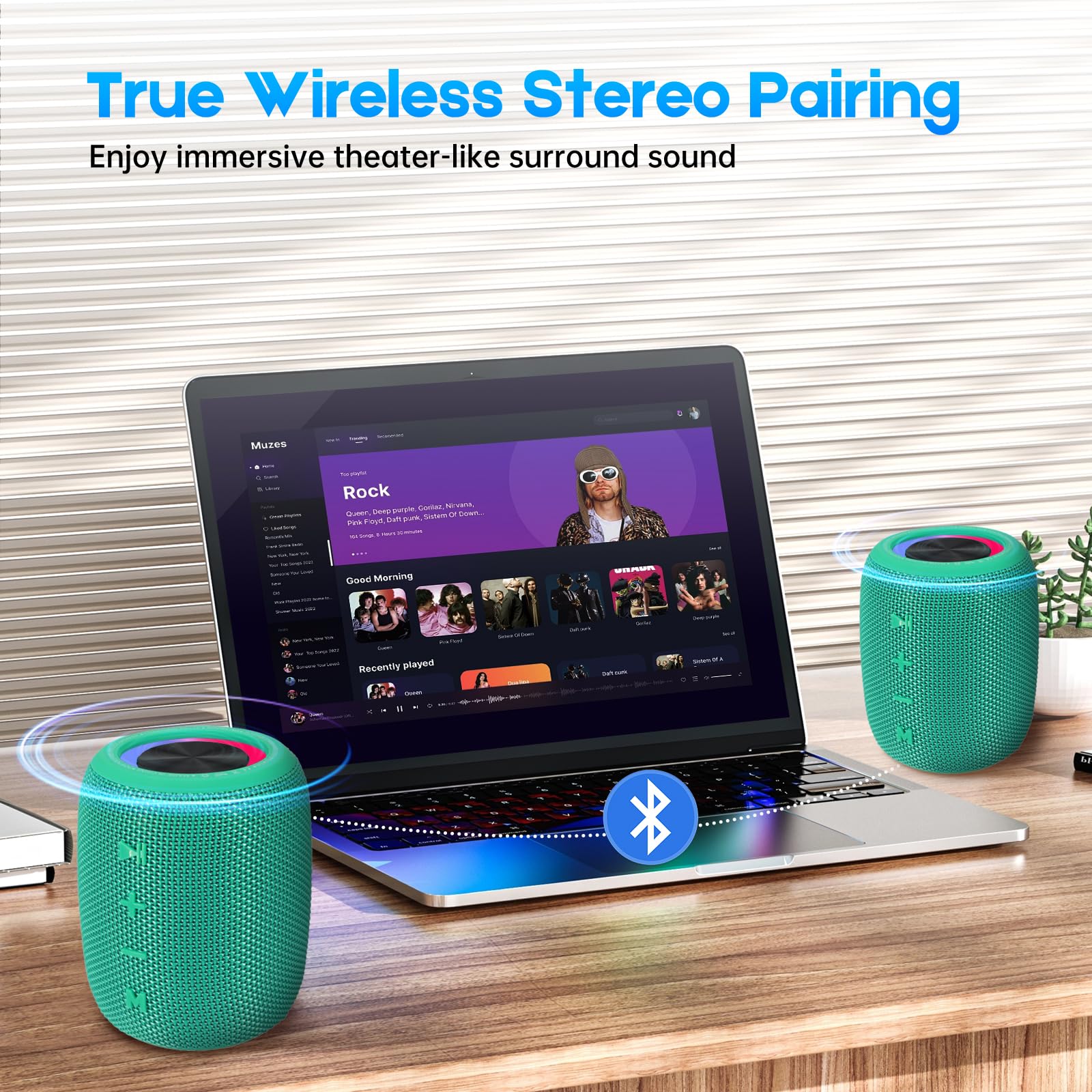 Portable Bluetooth Speaker, BT5.3 Wireless Speaker 20W Bass Diaphragms with Multi LED Light Dynamic Modes, IPX6 Waterproof 16H Playtime supports FM Mode, TF, USB for Home, Cycling, Outdoor, Beach Teal - Image 7