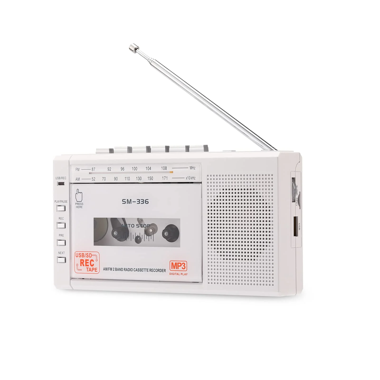 Portable Cassette Tape Player to Digital Converter via USB or SD Card, AM FM Walkman Cassette Tape Recorder Power by DC or AA Battery,Built-in Microphone, Speaker and Headphone Jack