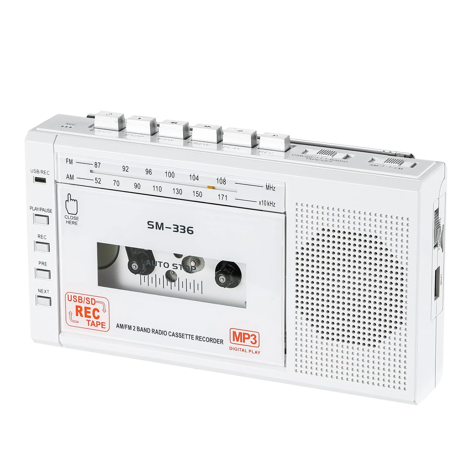Portable Cassette Tape Player to Digital Converter via USB/SD Card, Record to Cassette/U Disk/SD Card via Mic, Power by AC or AA Battery, Walkman Cassette Recorder with Speaker and Headphone Jack White