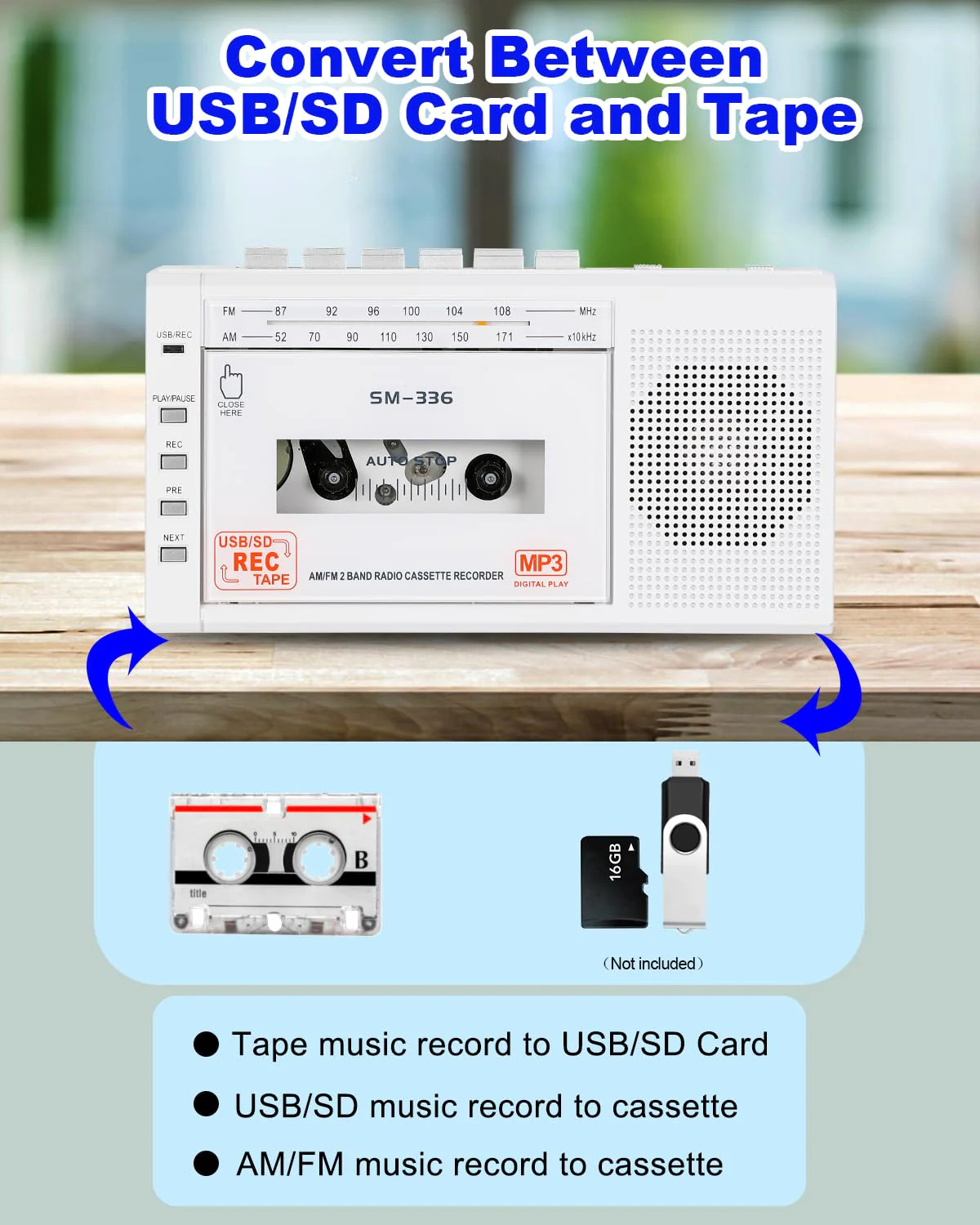 Portable Cassette Tape Player to Digital Converter via USB/SD Card, Record to Cassette/U Disk/SD Card via Mic, Power by AC or AA Battery, Walkman Cassette Recorder with Speaker and Headphone Jack White - Image 3