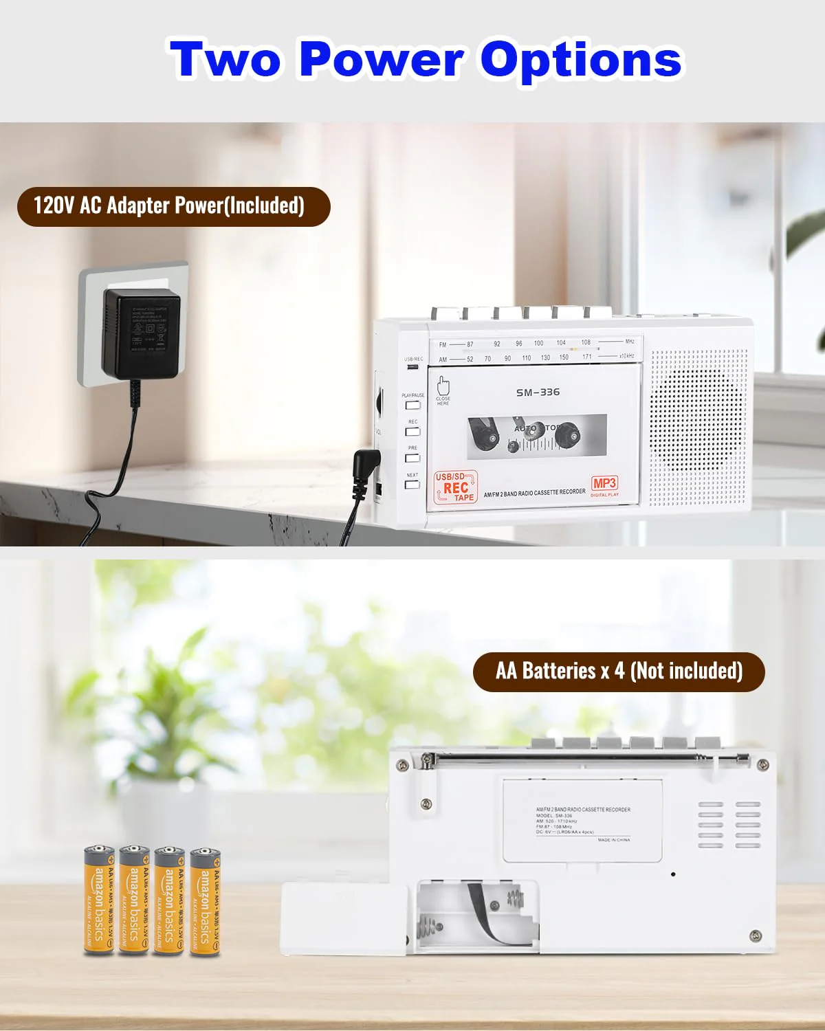 Portable Cassette Tape Player to Digital Converter via USB/SD Card, Record to Cassette/U Disk/SD Card via Mic, Power by AC or AA Battery, Walkman Cassette Recorder with Speaker and Headphone Jack White - Image 6