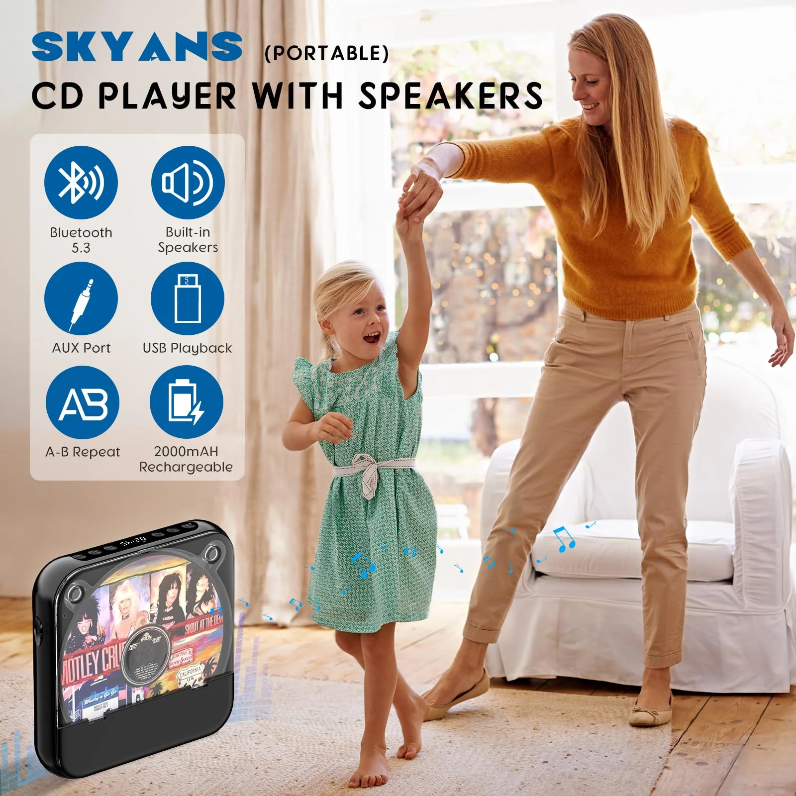 Portable CD Player with Bluetooth, Rechargeable Small CD Player, Built-in HiFi Speakers, Walkman CD Player with Headphones, LCD Screen, Support CD/AUX/USB/Repeat, Black - Image 2