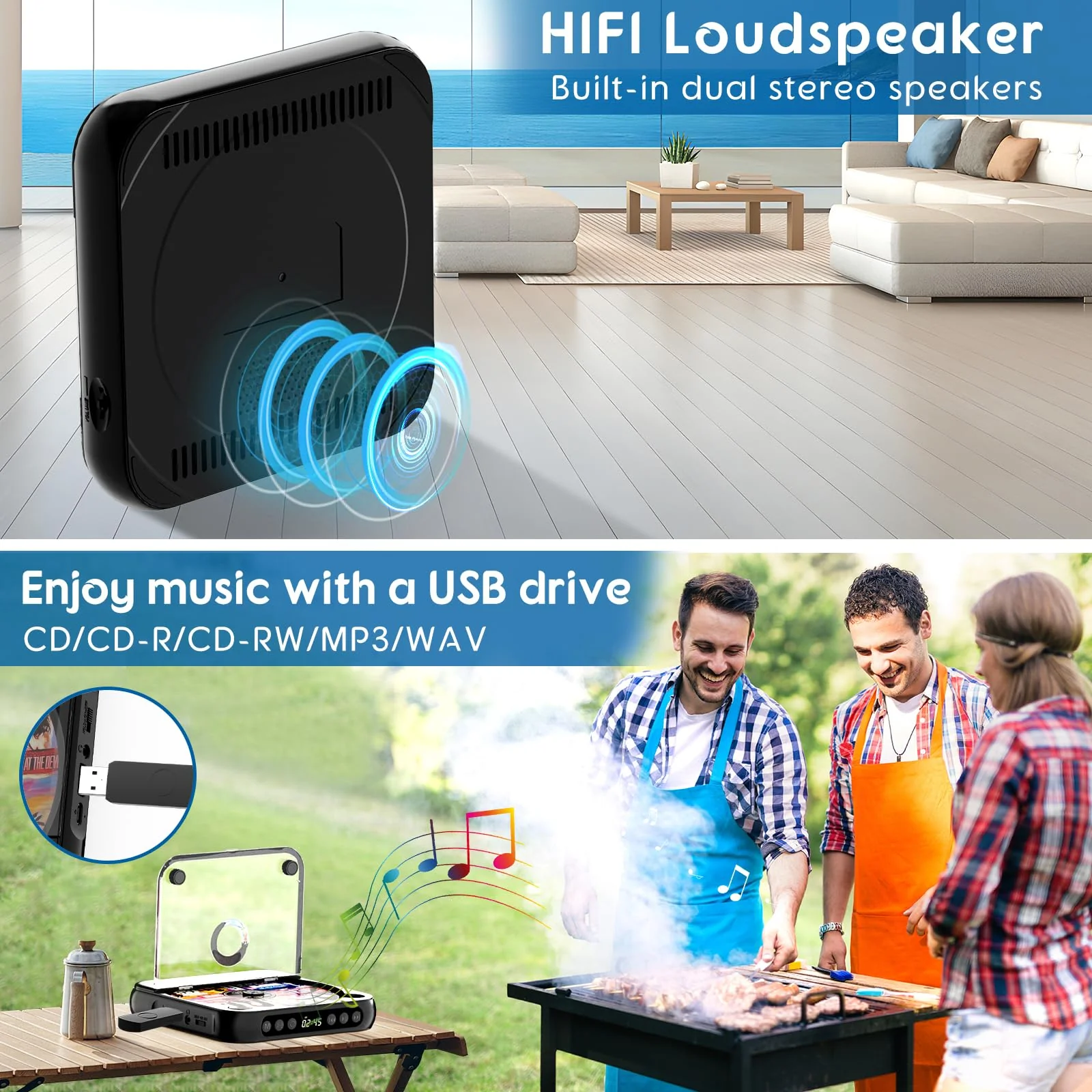 Portable CD Player with Bluetooth, Rechargeable Small CD Player, Built-in HiFi Speakers, Walkman CD Player with Headphones, LCD Screen, Support CD/AUX/USB/Repeat, Black - Image 6