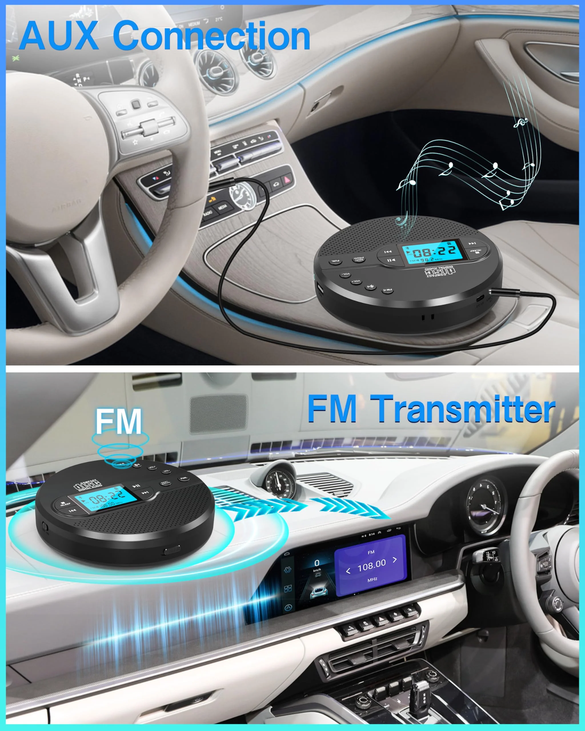 Portable CD Player with Bluetooth, Walkman CD Player with FM Transmitter and Speakers for Car, Rechargeable Discman CD Player with Anti-Skip Protection, Headphones, LCD Display (Black) - Image 3