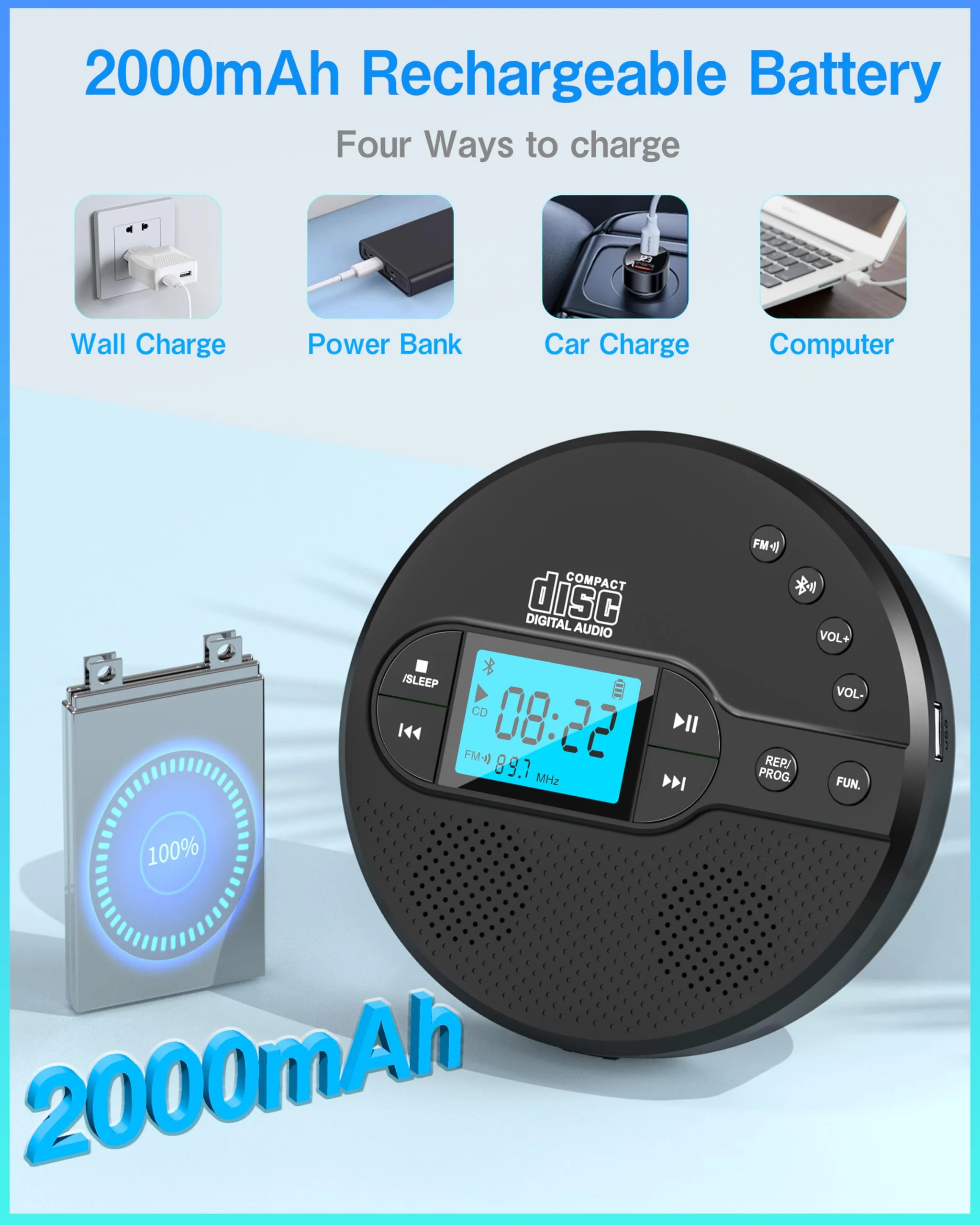 Portable CD Player with Bluetooth, Walkman CD Player with FM Transmitter and Speakers for Car, Rechargeable Discman CD Player with Anti-Skip Protection, Headphones, LCD Display (Black) - Image 4