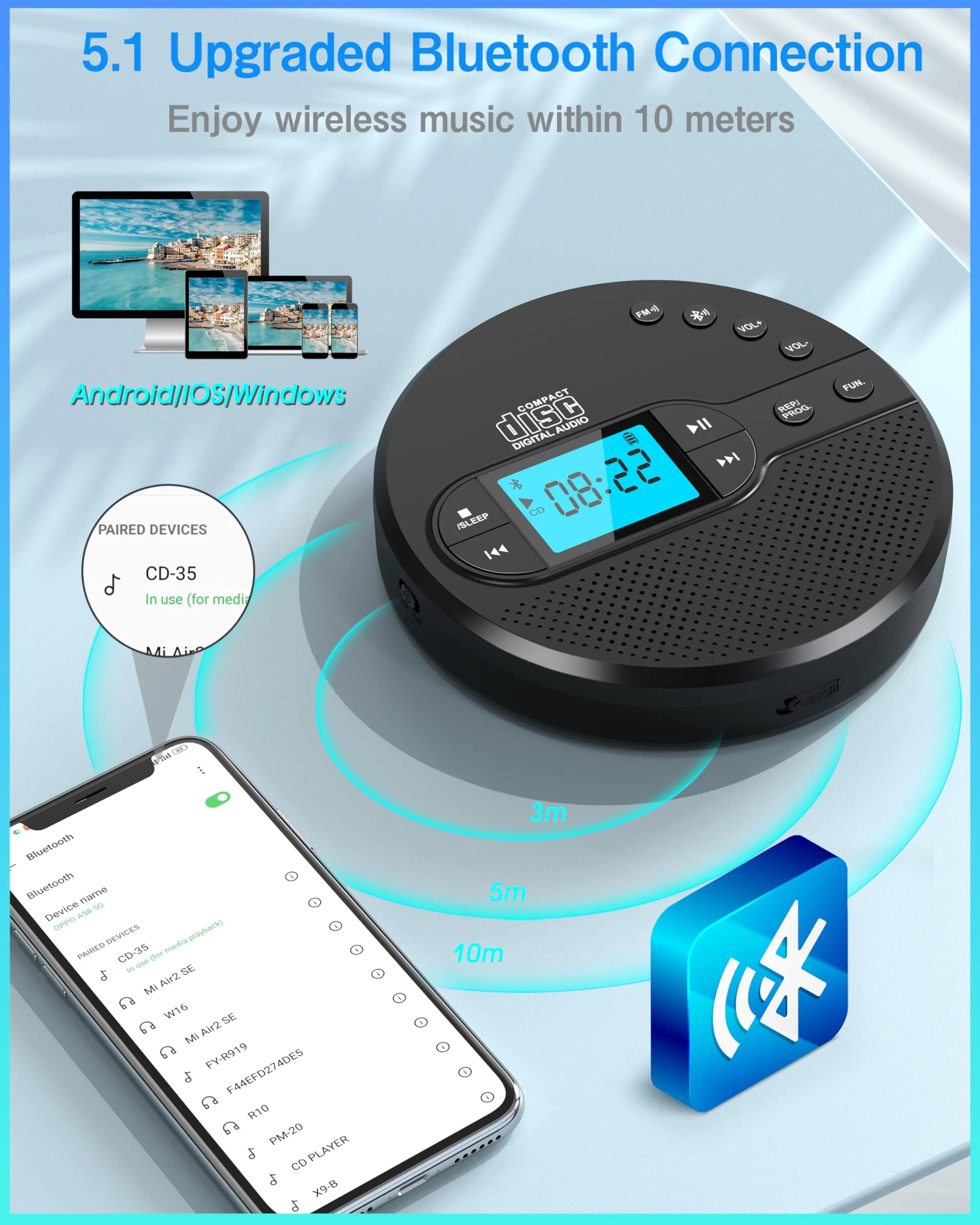 Portable CD Player with Bluetooth, Walkman CD Player with FM Transmitter and Speakers for Car, Rechargeable Discman CD Player with Anti-Skip Protection, Headphones, LCD Display (Black) - Image 5