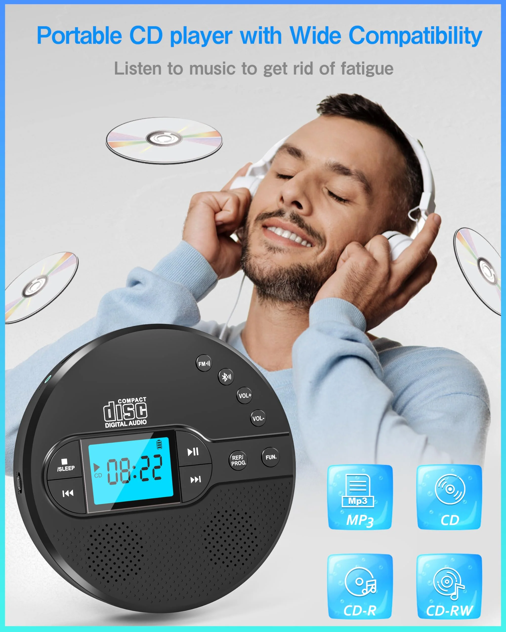 Portable CD Player with Bluetooth, Walkman CD Player with FM Transmitter and Speakers for Car, Rechargeable Discman CD Player with Anti-Skip Protection, Headphones, LCD Display (Black) - Image 6