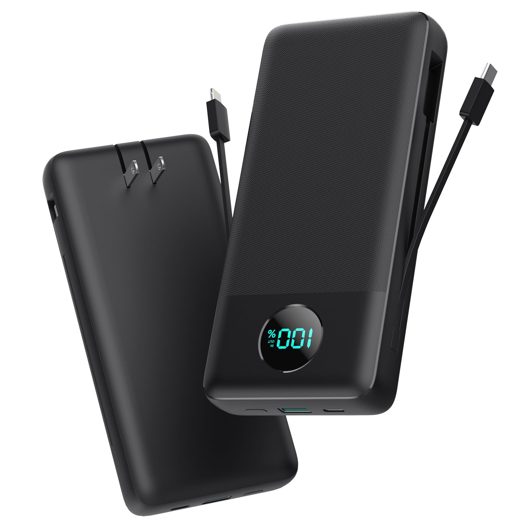 Portable Charger 33800mAh USB C Power Bank with Built-in Cables & AC Wall Plug,25W Fast Charging+QC 4.0 Phone Charger,4 Output LCD Display Battery Pack Compatible with iPhone16/15,Samsung,Android etc Black