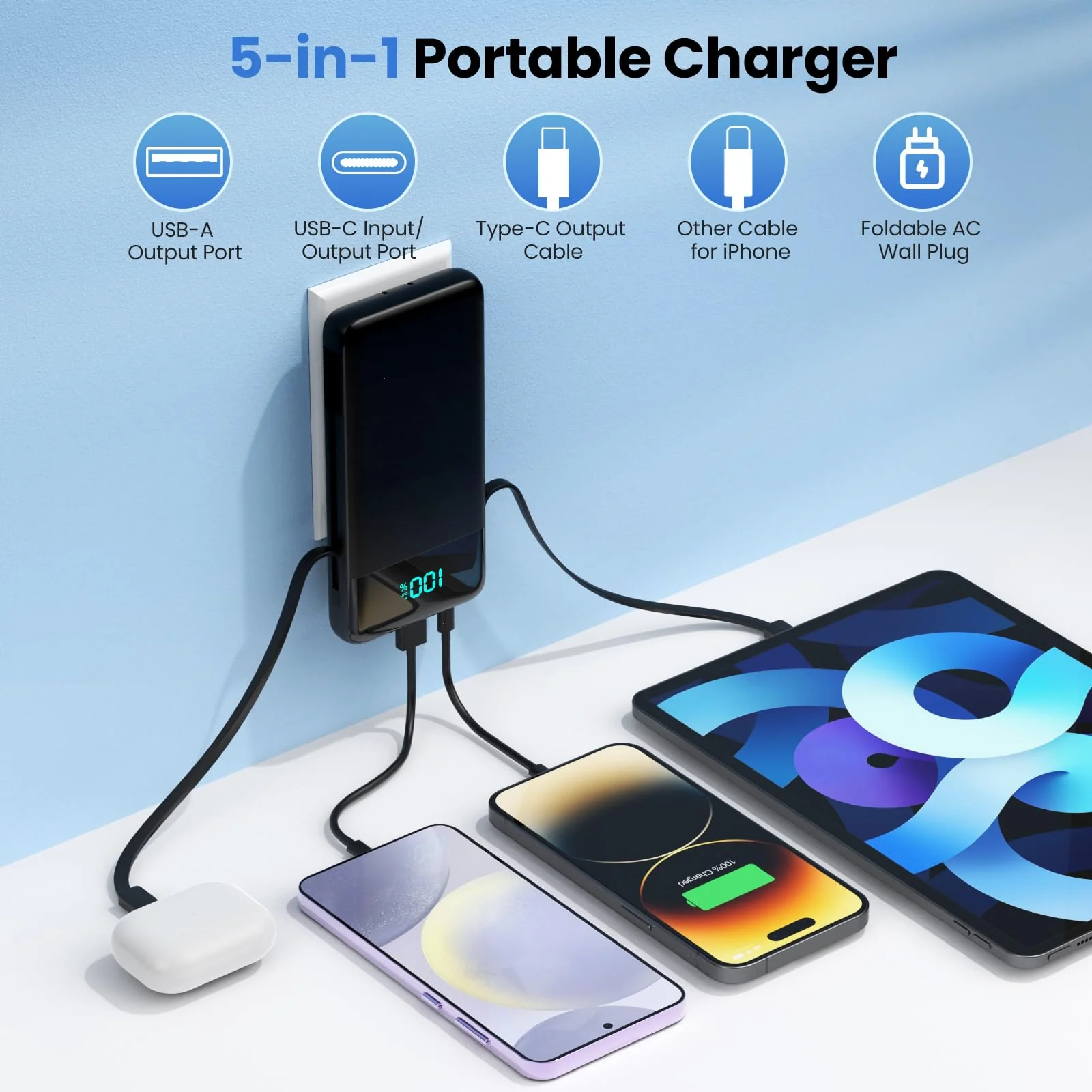 Portable Charger for iPhone with Built in Cables and Wall Plug,Upgraded 13800mAh Fast Charging USB C Power Bank,4 Outputs Travel Essential Battery Pack Compatible with iPhone 16/15/14,Samsung,Android Black - Image 3