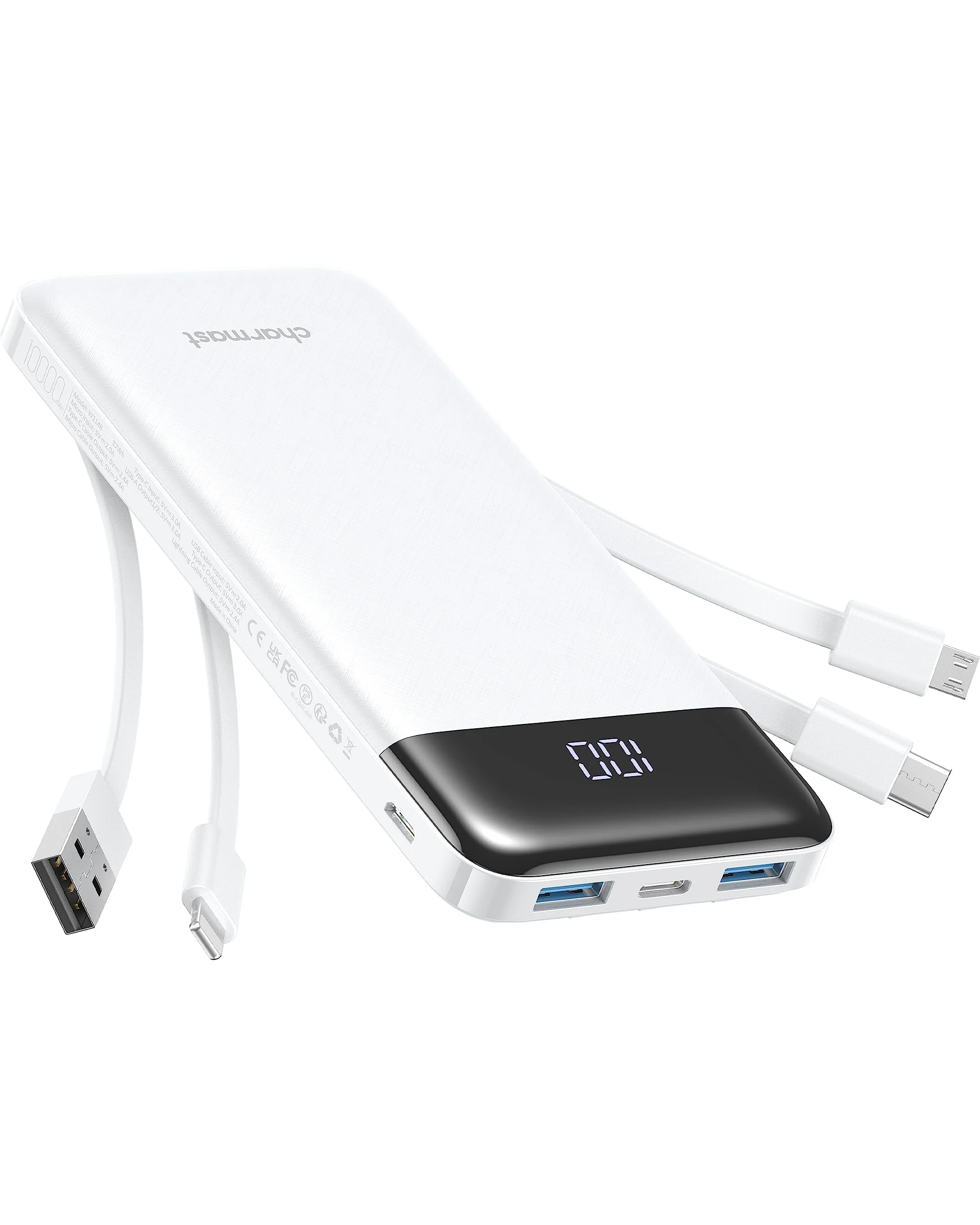 Portable Charger with Built in Cables, Portable Charger with Cords Wires Slim 10000mAh Travel Battery Pack 6 Outputs 3 Inputs 3A Fast Charging Power Bank for Samsung Google Pixel LG Moto iPhone iPad White