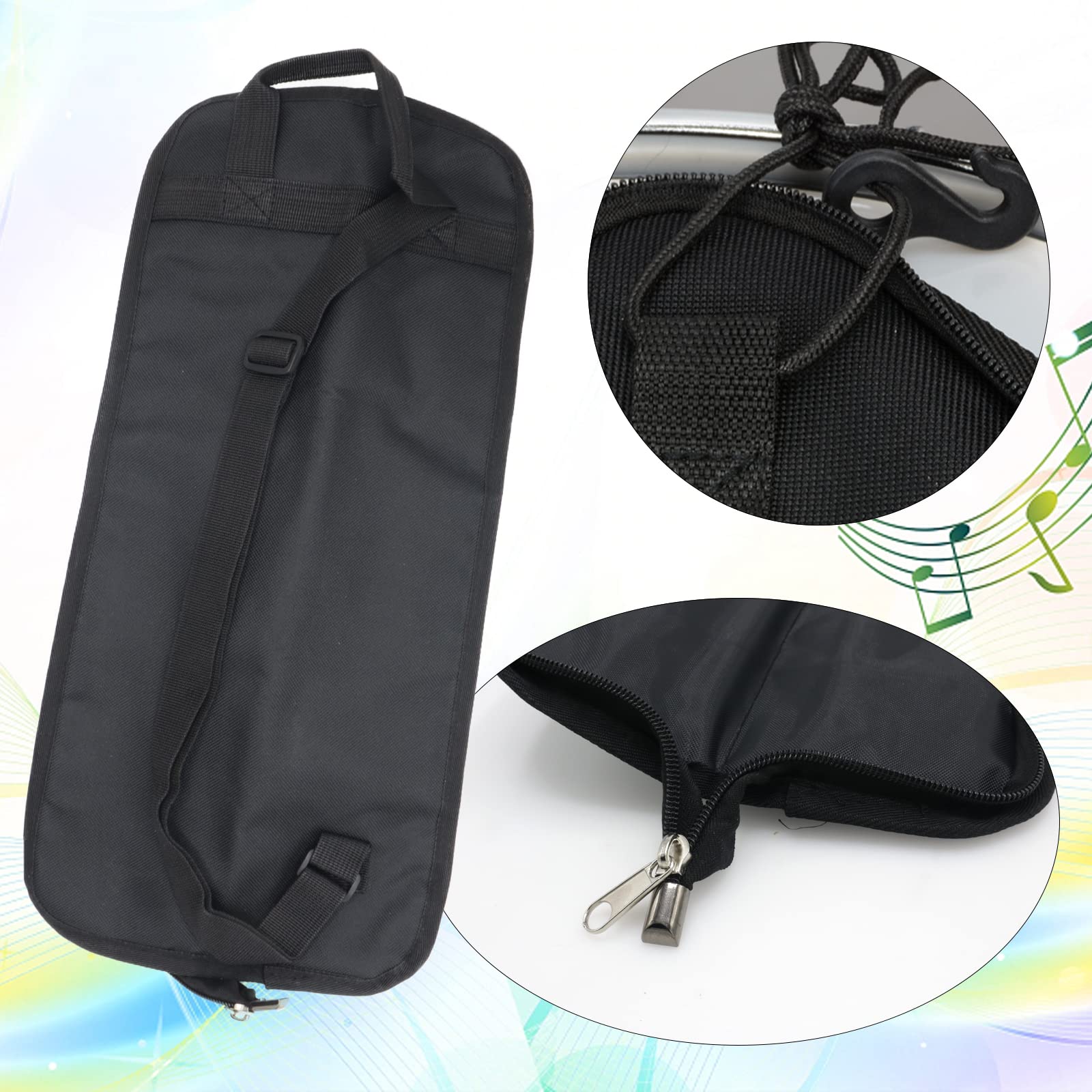Portable Drum Stick Bag, Small Drumstick Storage Case Bag, Hanging Drumstick Holder Bag, Lasting Drum Sticks Bag with Hooks Inside for Drum Set Mallet and Percussion Sticks Black - Image 3