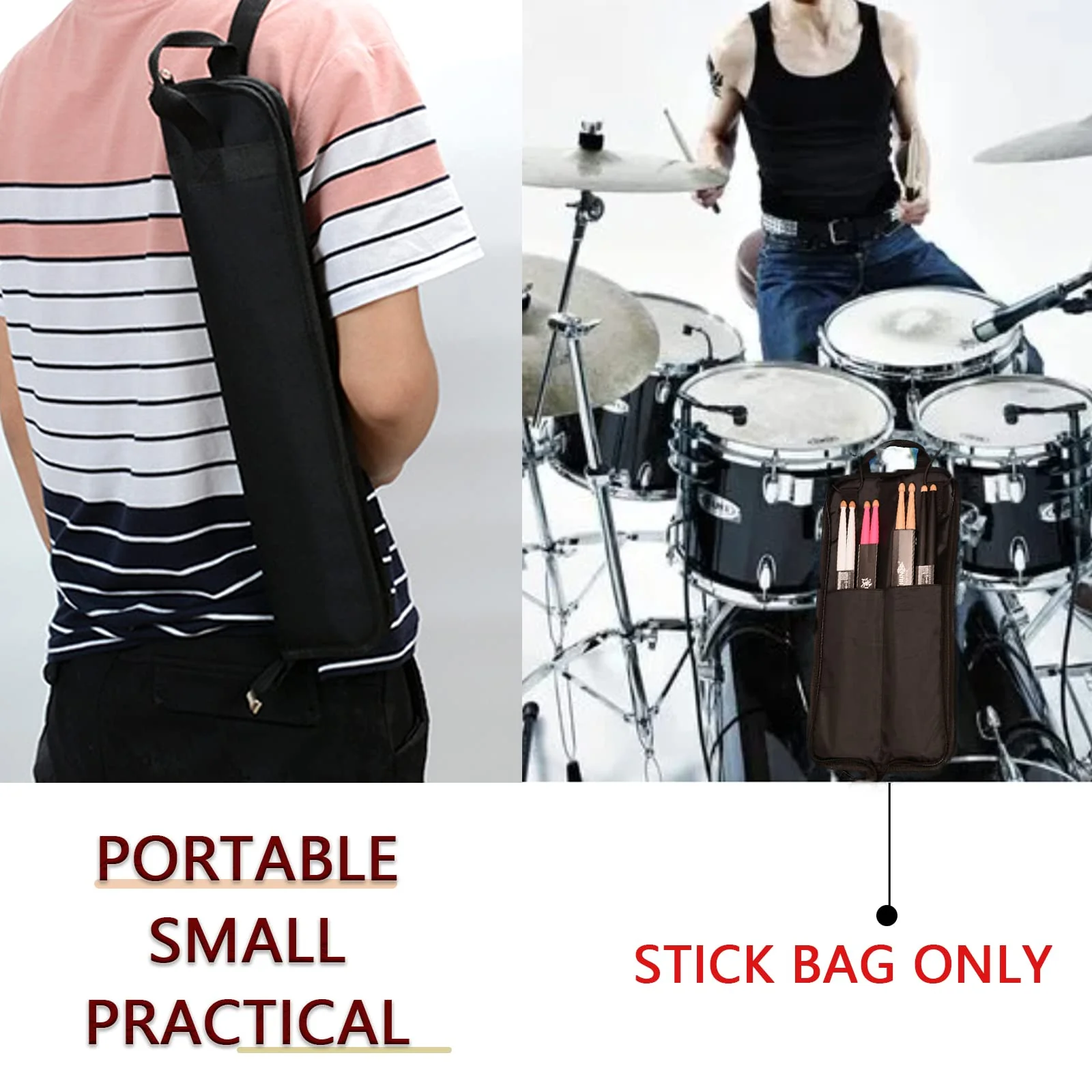 Portable Drum Stick Bag, Small Drumstick Storage Case Bag, Hanging Drumstick Holder Bag, Lasting Drum Sticks Bag with Hooks Inside for Drum Set Mallet and Percussion Sticks Black - Image 5