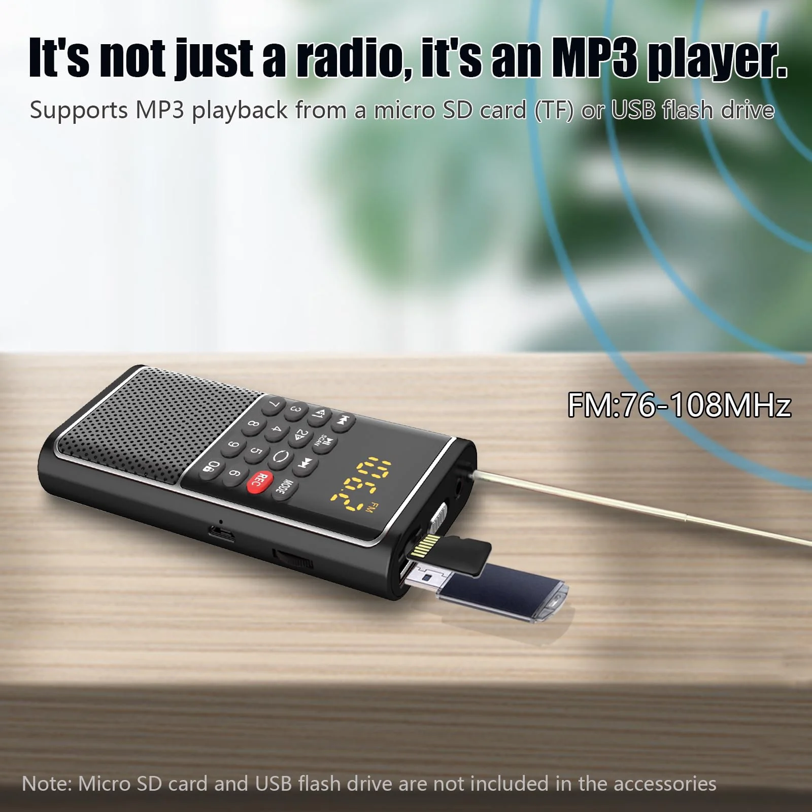Portable FM Radio Micro SD Card/USB Flash Disk MP3 Player Rechargeable Battery Operated Small Radio Multi-Function Radios for Home/outdoors with Excellent Reception and Sound BLACK - Image 2
