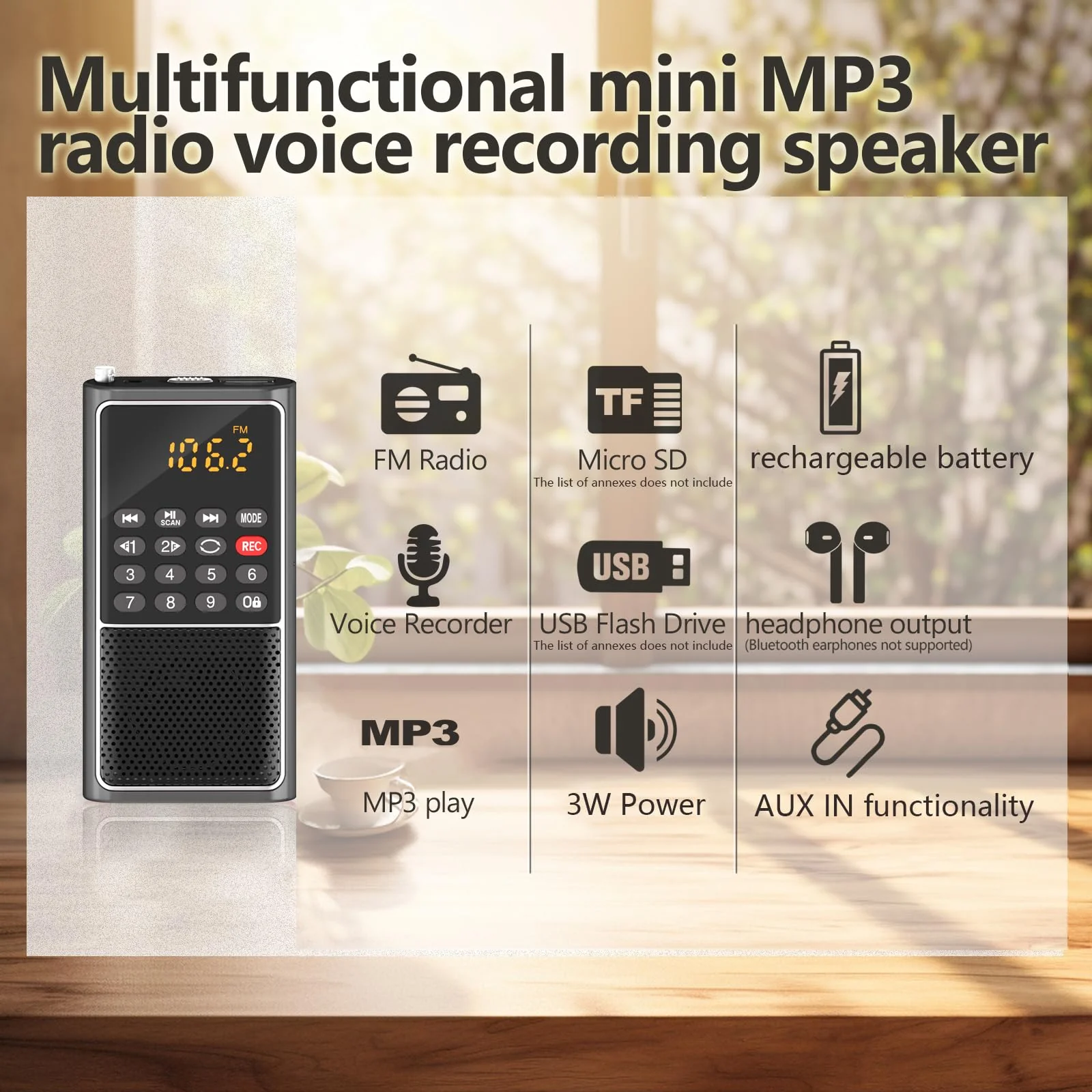 Portable FM Radio Micro SD Card/USB Flash Disk MP3 Player Rechargeable Battery Operated Small Radio Multi-Function Radios for Home/outdoors with Excellent Reception and Sound BLACK - Image 4