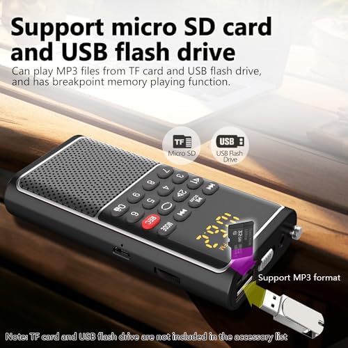 Portable FM Radio Micro SD Card/USB Flash Disk MP3 Player Rechargeable Battery Operated Small Radio Multi-Function Radios for Home/outdoors with Excellent Reception and Sound BLACK - Image 7