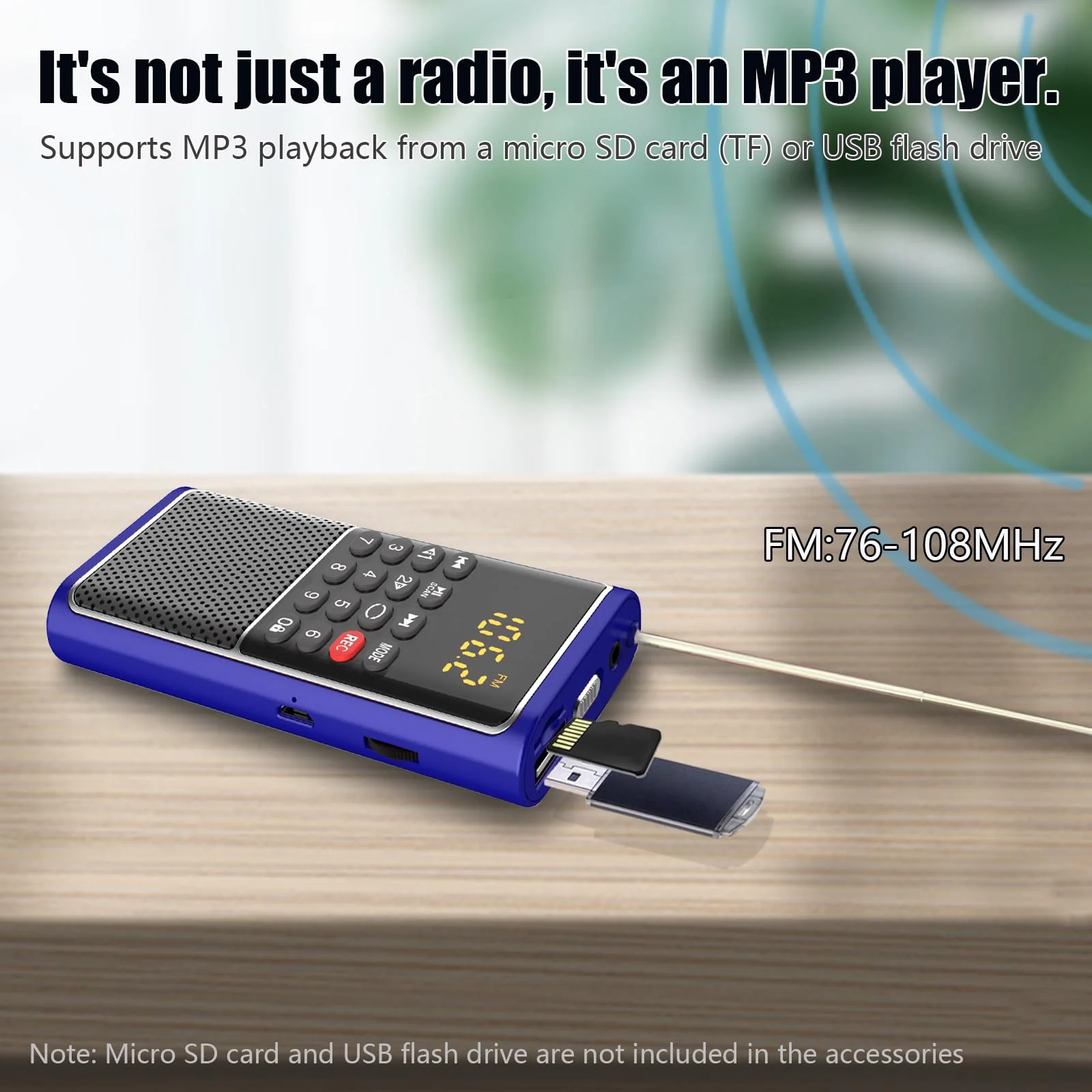 Portable FM Radio Micro SD Card/USB Flash Disk MP3 Player Rechargeable Battery Operated Small Radio Multi-Function Radios for Home/outdoors with Excellent Reception and Sound BLUE - Image 2