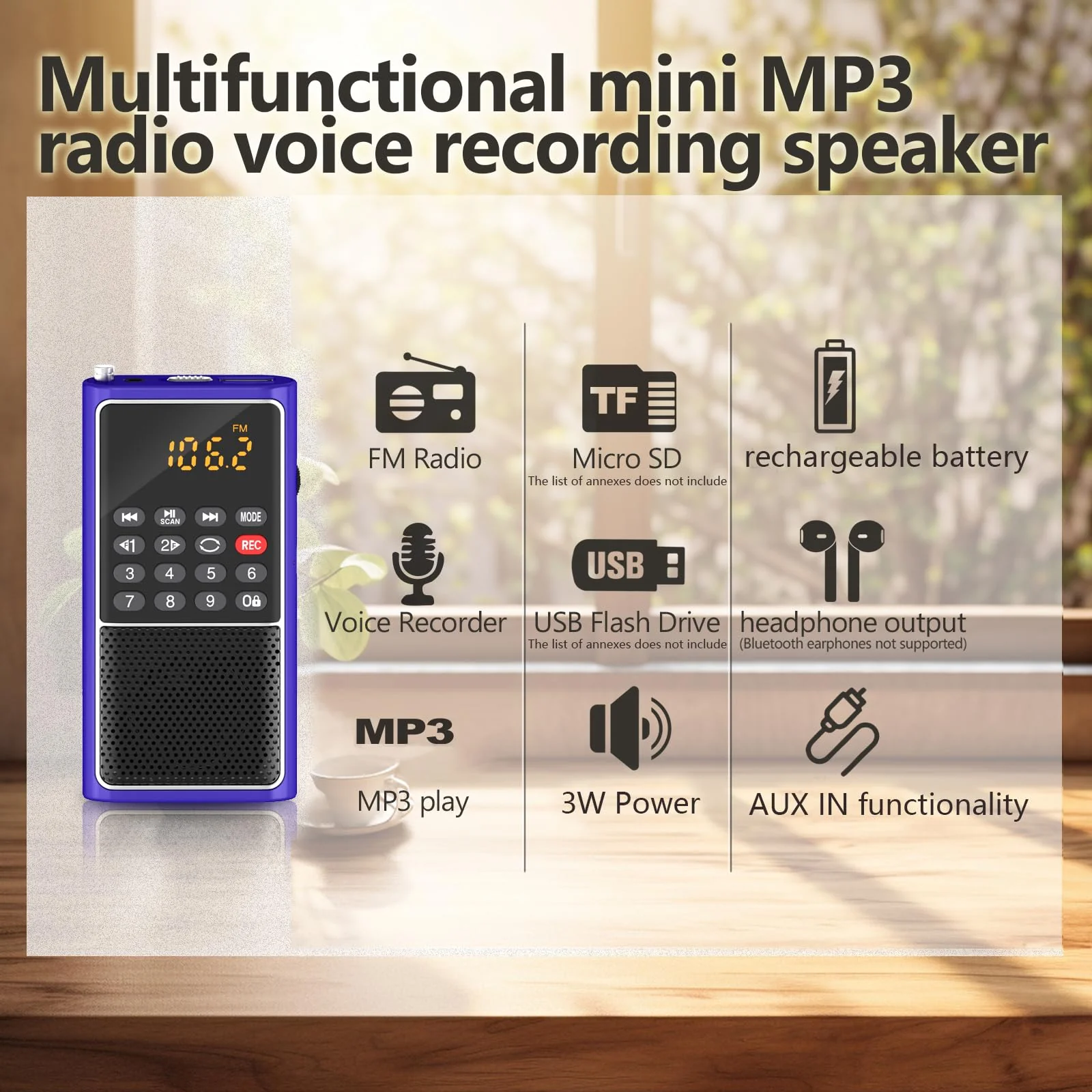 Portable FM Radio Micro SD Card/USB Flash Disk MP3 Player Rechargeable Battery Operated Small Radio Multi-Function Radios for Home/outdoors with Excellent Reception and Sound BLUE - Image 4