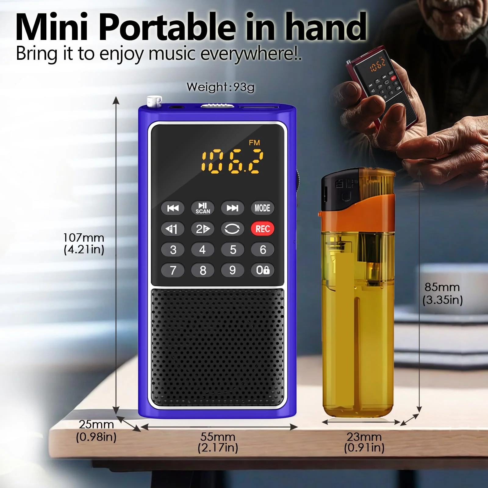 Portable FM Radio Micro SD Card/USB Flash Disk MP3 Player Rechargeable Battery Operated Small Radio Multi-Function Radios for Home/outdoors with Excellent Reception and Sound BLUE - Image 6
