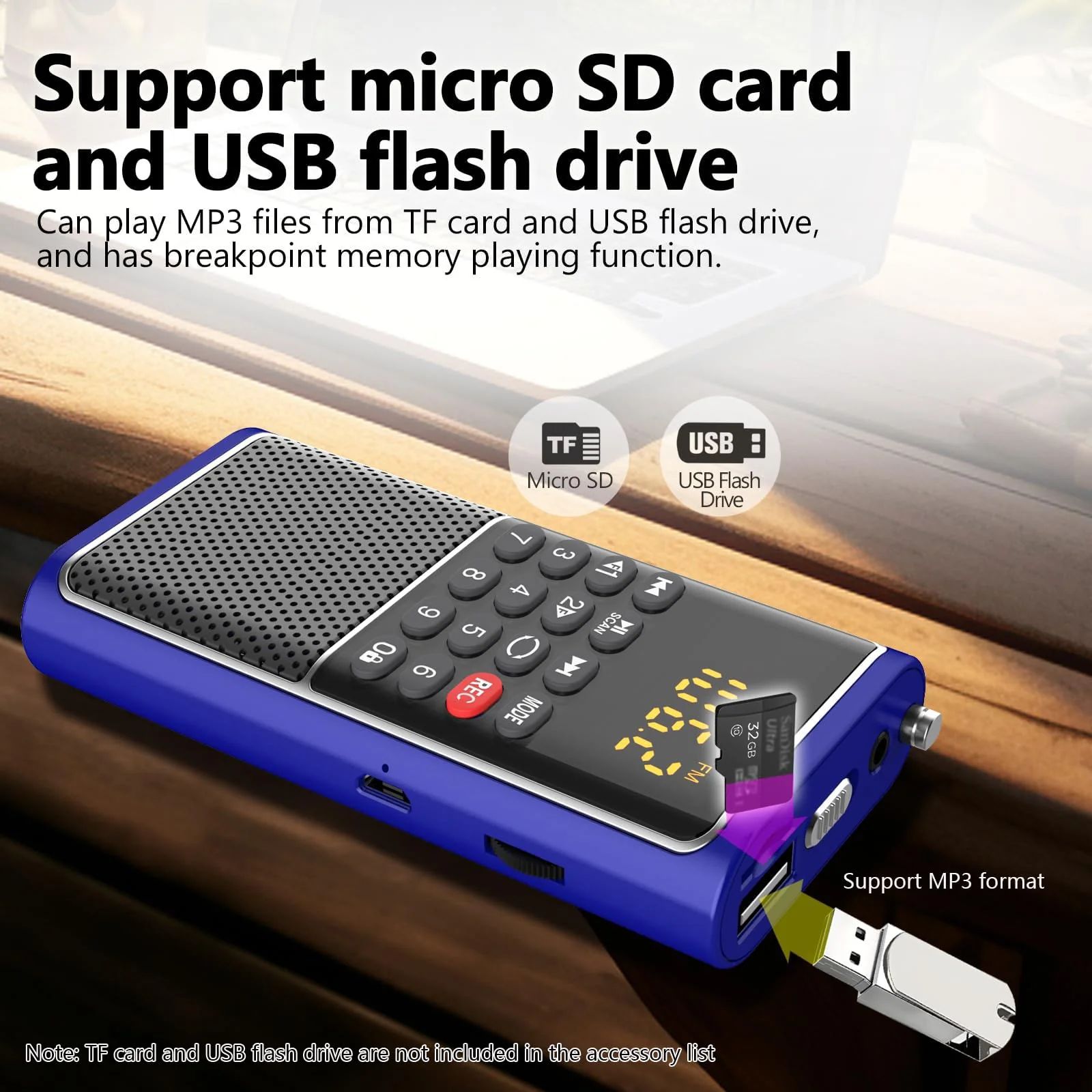 Portable FM Radio Micro SD Card/USB Flash Disk MP3 Player Rechargeable Battery Operated Small Radio Multi-Function Radios for Home/outdoors with Excellent Reception and Sound BLUE - Image 7