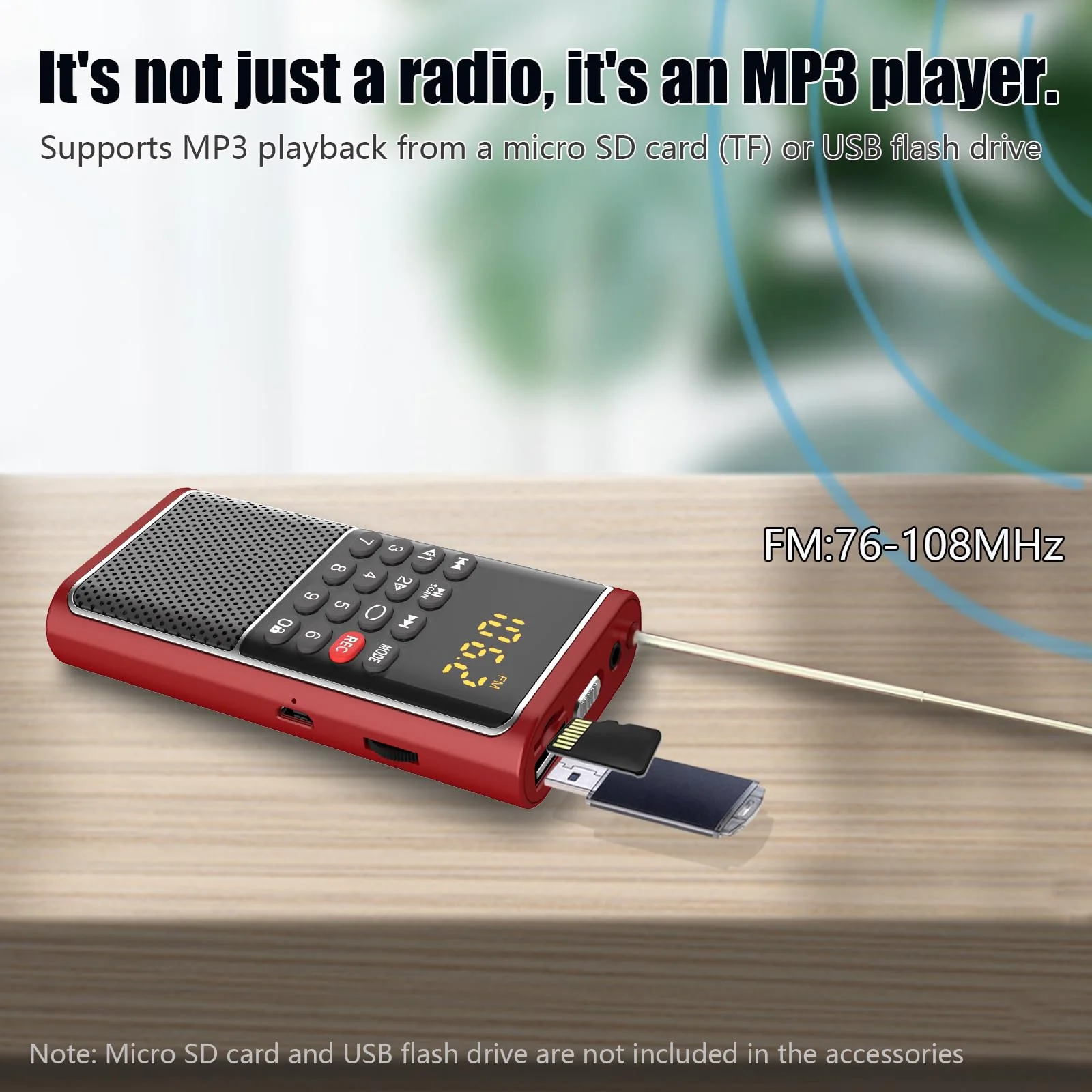 Portable FM Radio Micro SD Card/USB Flash Disk MP3 Player Rechargeable Battery Operated Small Radio Multi-Function Radios for Home/outdoors with Excellent Reception and Sound RED - Image 2