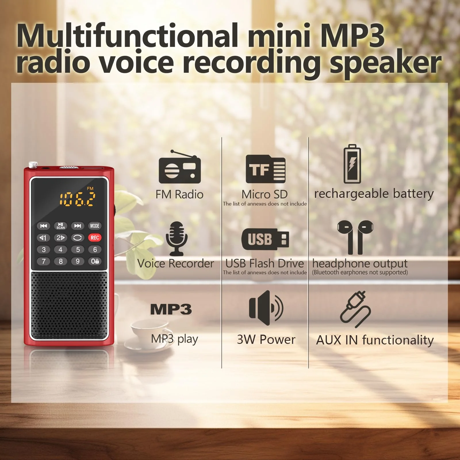 Portable FM Radio Micro SD Card/USB Flash Disk MP3 Player Rechargeable Battery Operated Small Radio Multi-Function Radios for Home/outdoors with Excellent Reception and Sound RED - Image 4