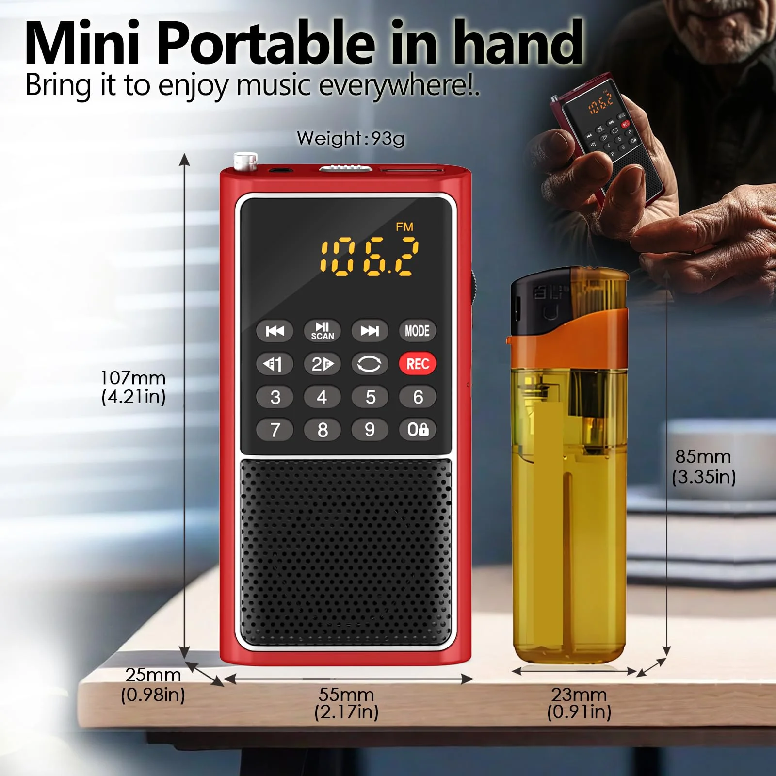 Portable FM Radio Micro SD Card/USB Flash Disk MP3 Player Rechargeable Battery Operated Small Radio Multi-Function Radios for Home/outdoors with Excellent Reception and Sound RED - Image 6