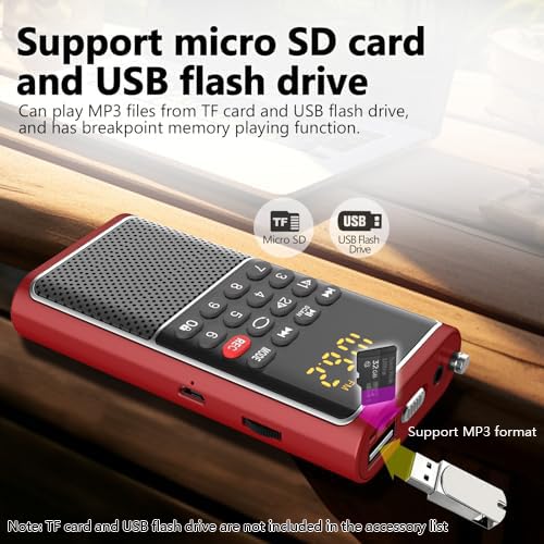 Portable FM Radio Micro SD Card/USB Flash Disk MP3 Player Rechargeable Battery Operated Small Radio Multi-Function Radios for Home/outdoors with Excellent Reception and Sound RED - Image 7