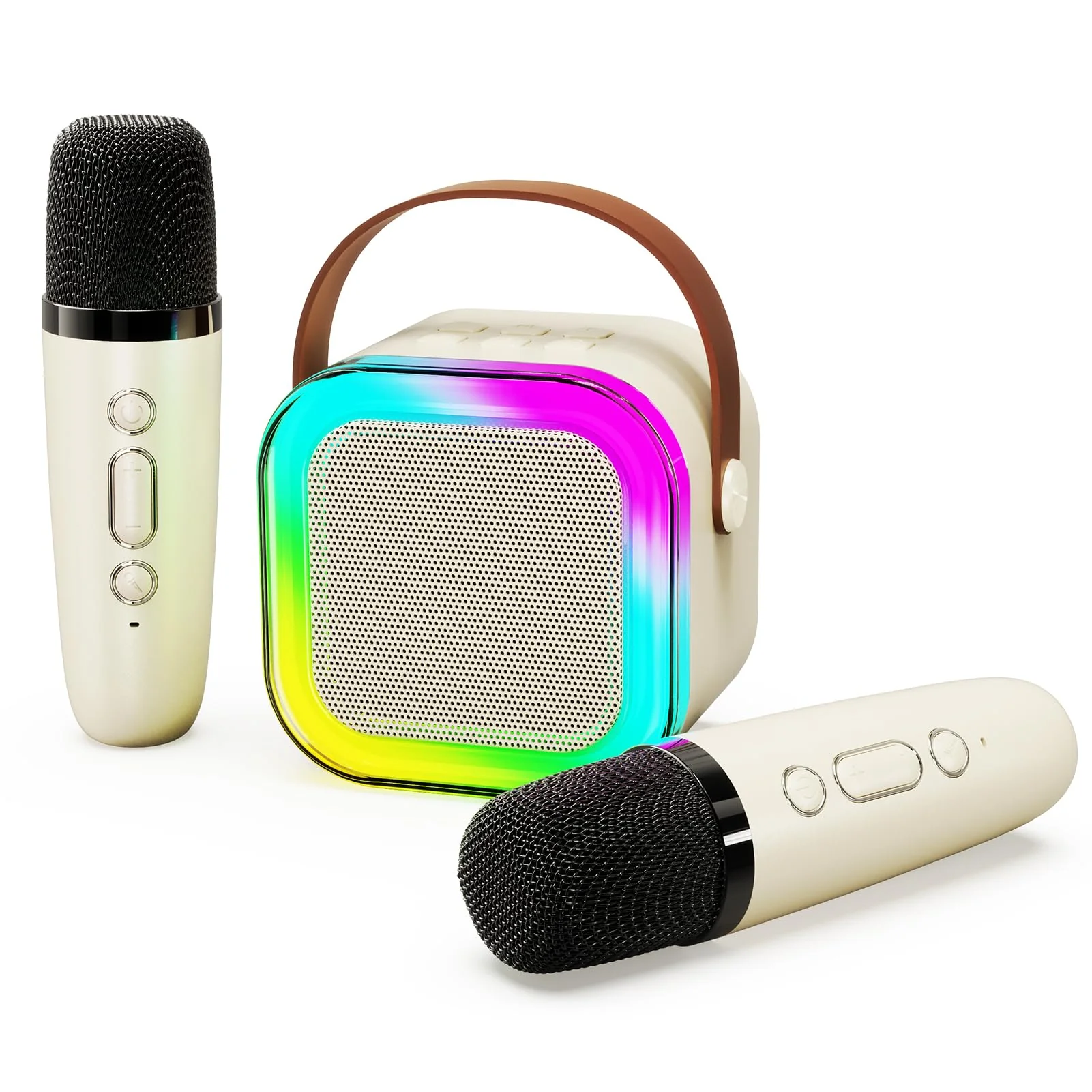 Portable Karaoke Machine with 2 Wireless Microphone, Mini Portable Bluetooth Speaker with Wireless Microphone, Gifts for Kids Age 4-12, Boys, Girls, Adults, Party, Home KTV, Outdoor, Travel (Beige) Beige