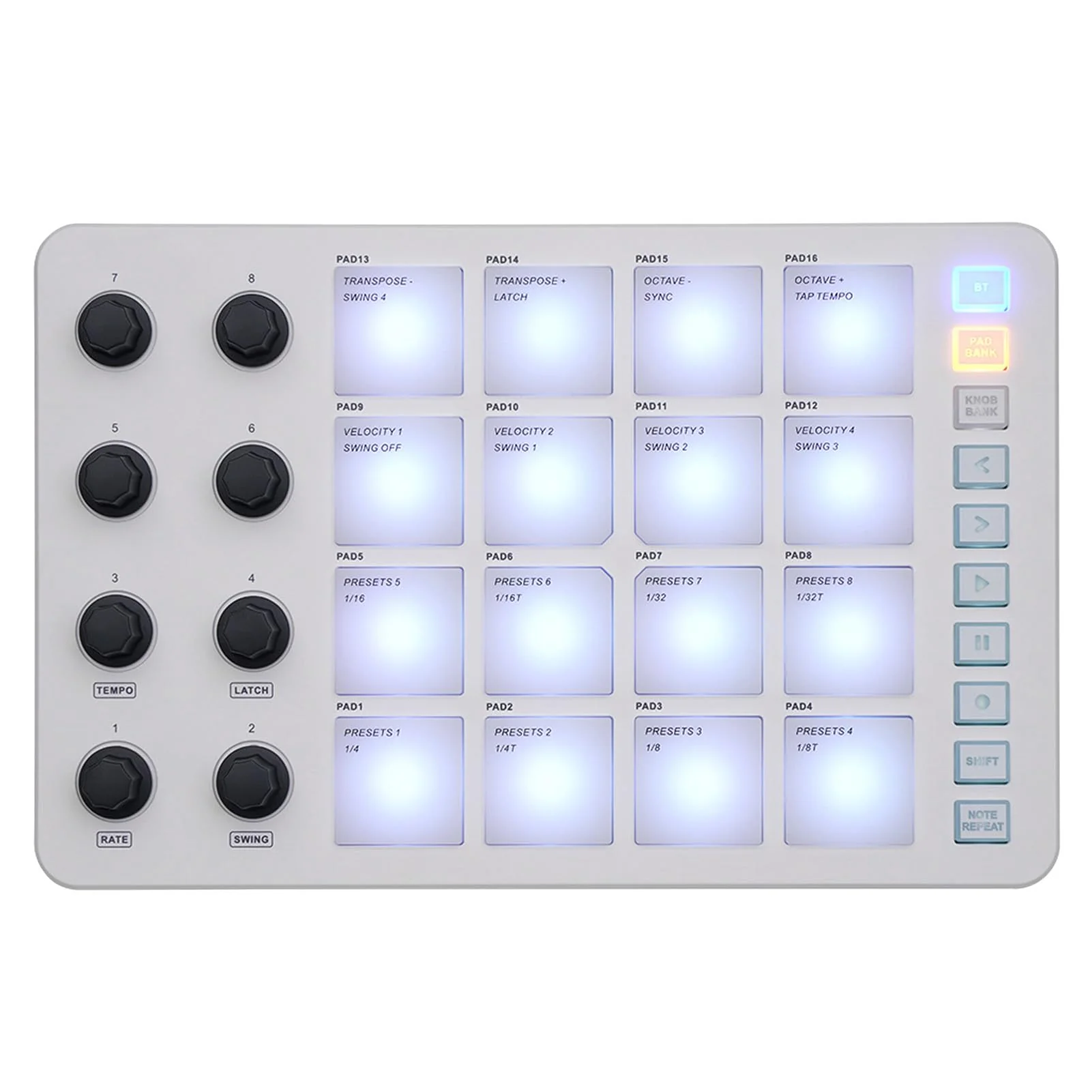 Portable MIDI Drum Pad Controller - Beat Maker Machine with 16 RGB Backlit Pads, Bluetooth USB, 8 Assignable Knobs for Music Production