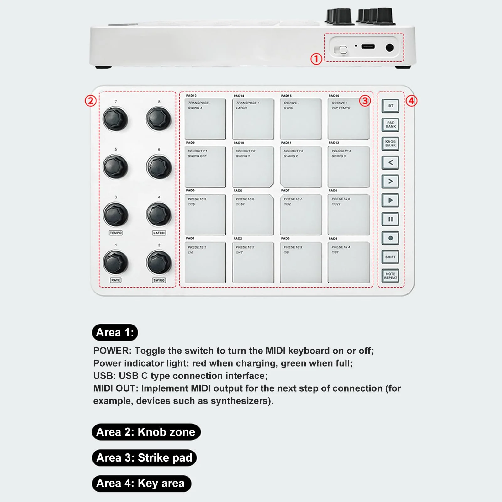 Portable MIDI Drum Pad Controller - Beat Maker Machine with 16 RGB Backlit Pads, Bluetooth USB, 8 Assignable Knobs for Music Production - Image 6