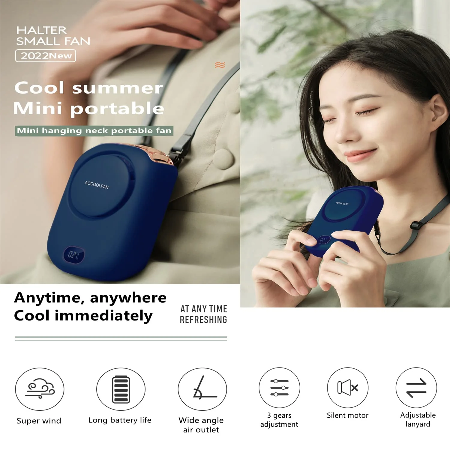 Portable Neck Fan, Handheld Mini Fan Small Personal Fan, Hand Held Fan USB Rechargeable Eyelash Fan for Kids Girls Boys Woman Man Home Outdoor Travel (navy blue) Navy blue - Image 2