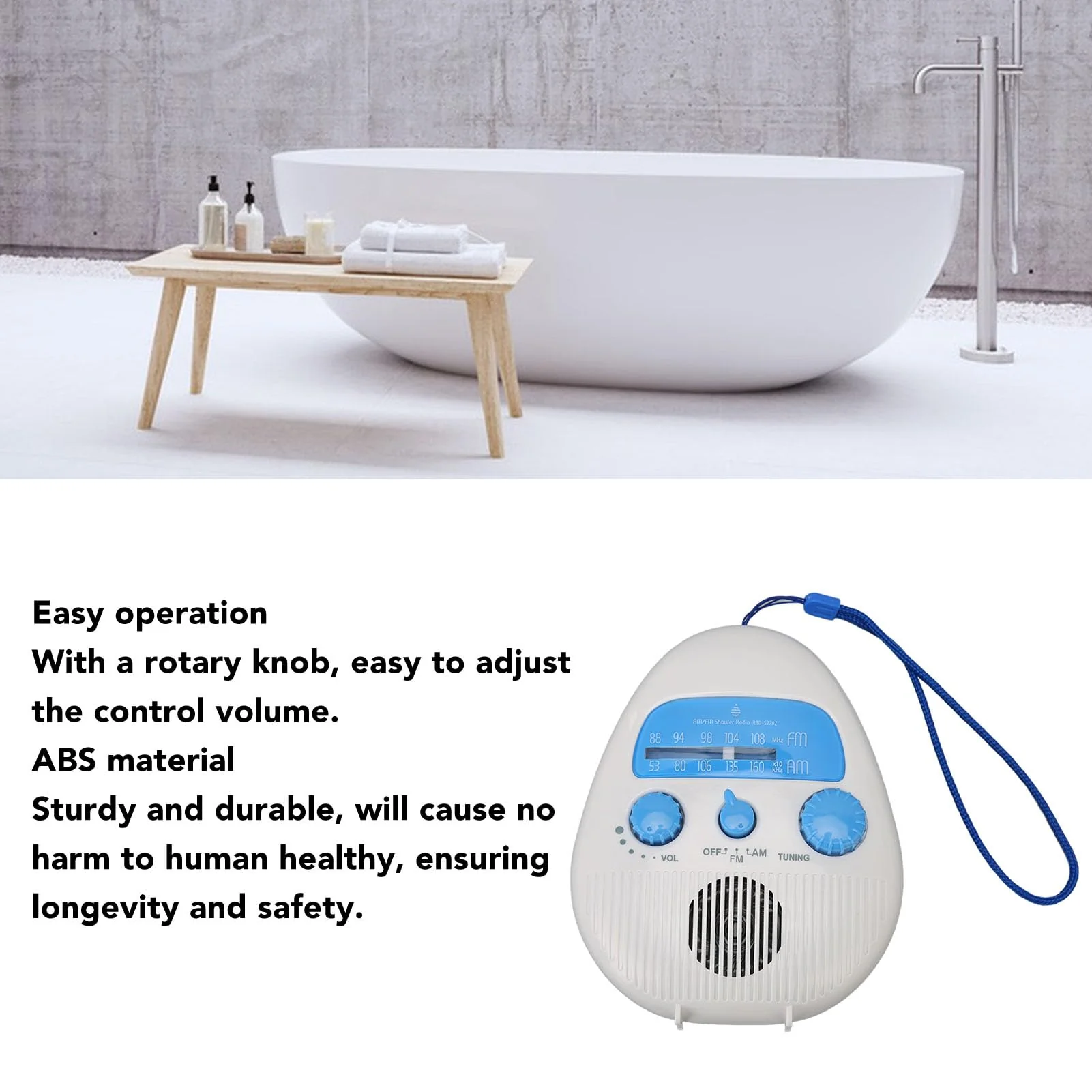 Portable Shower Radio, AM FM Bathroom Radio Built in Speaker, Waterproof Radio for Bathroom Outdoor Use, Battery Operated - Image 2