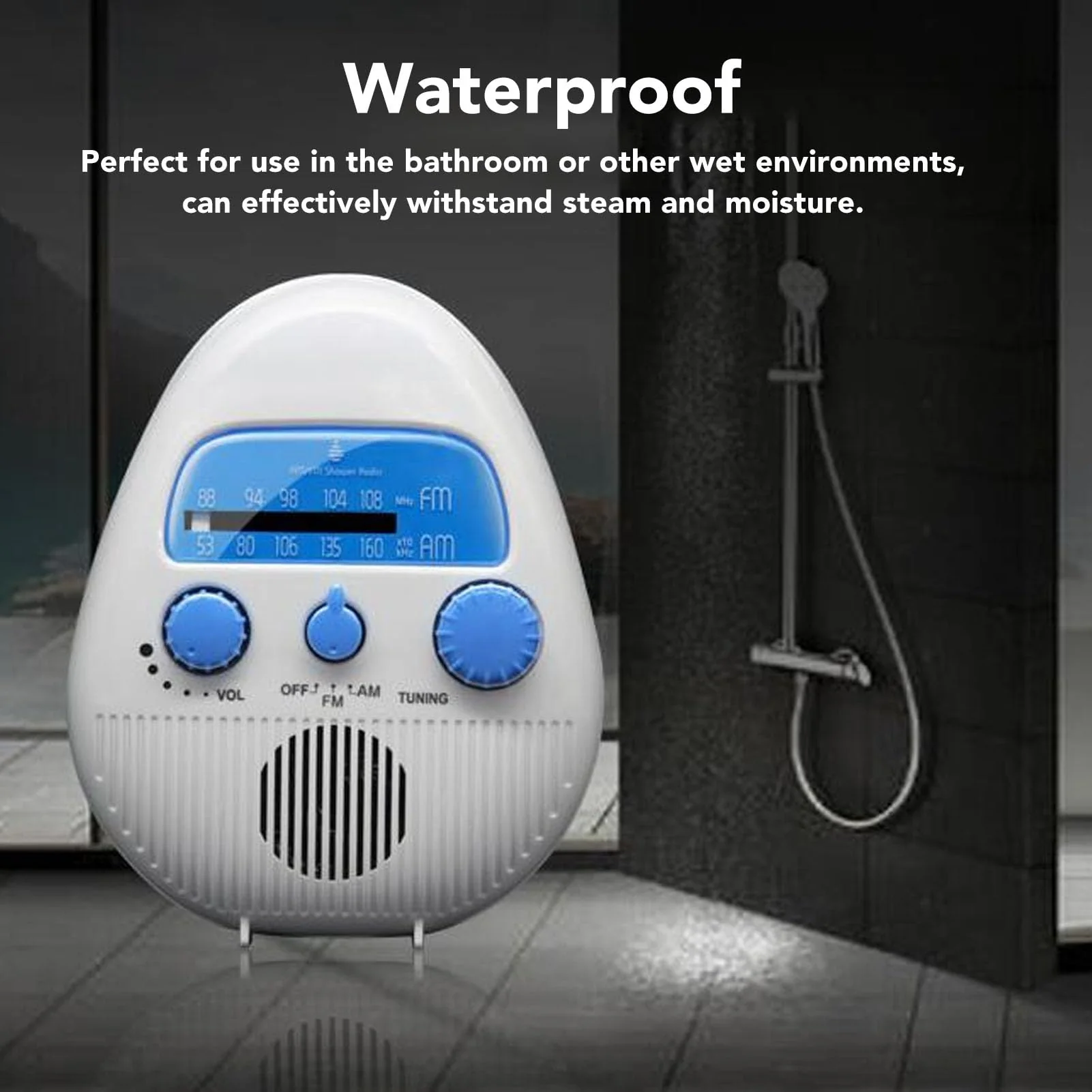 Portable Shower Radio, AM FM Bathroom Radio Built in Speaker, Waterproof Radio for Bathroom Outdoor Use, Battery Operated - Image 3
