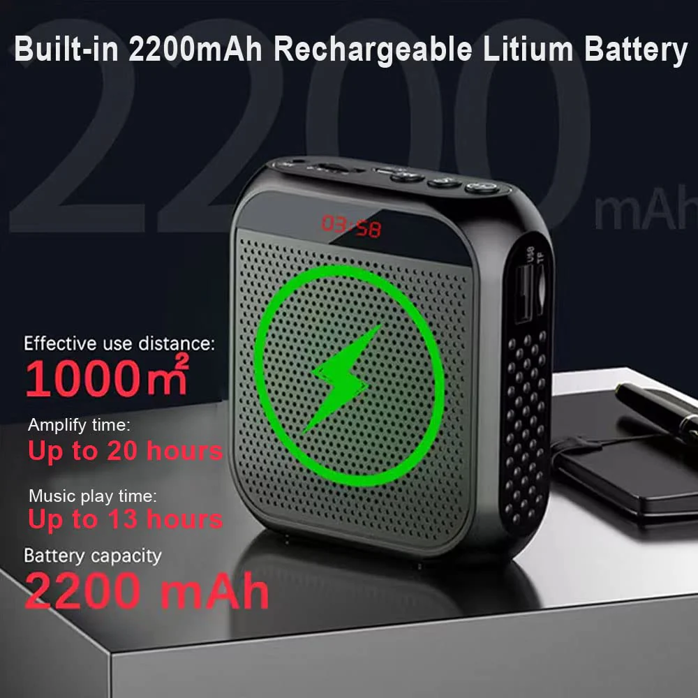 Portable Voice Amplifier for Teachers, 2200mAh Rechargeable Personal Amplifier Mic PA System Headset Microphone with Speaker for Teachers, Training, Meeting, Tour Guide, Yoga, Classroom (Black) Black - Image 3
