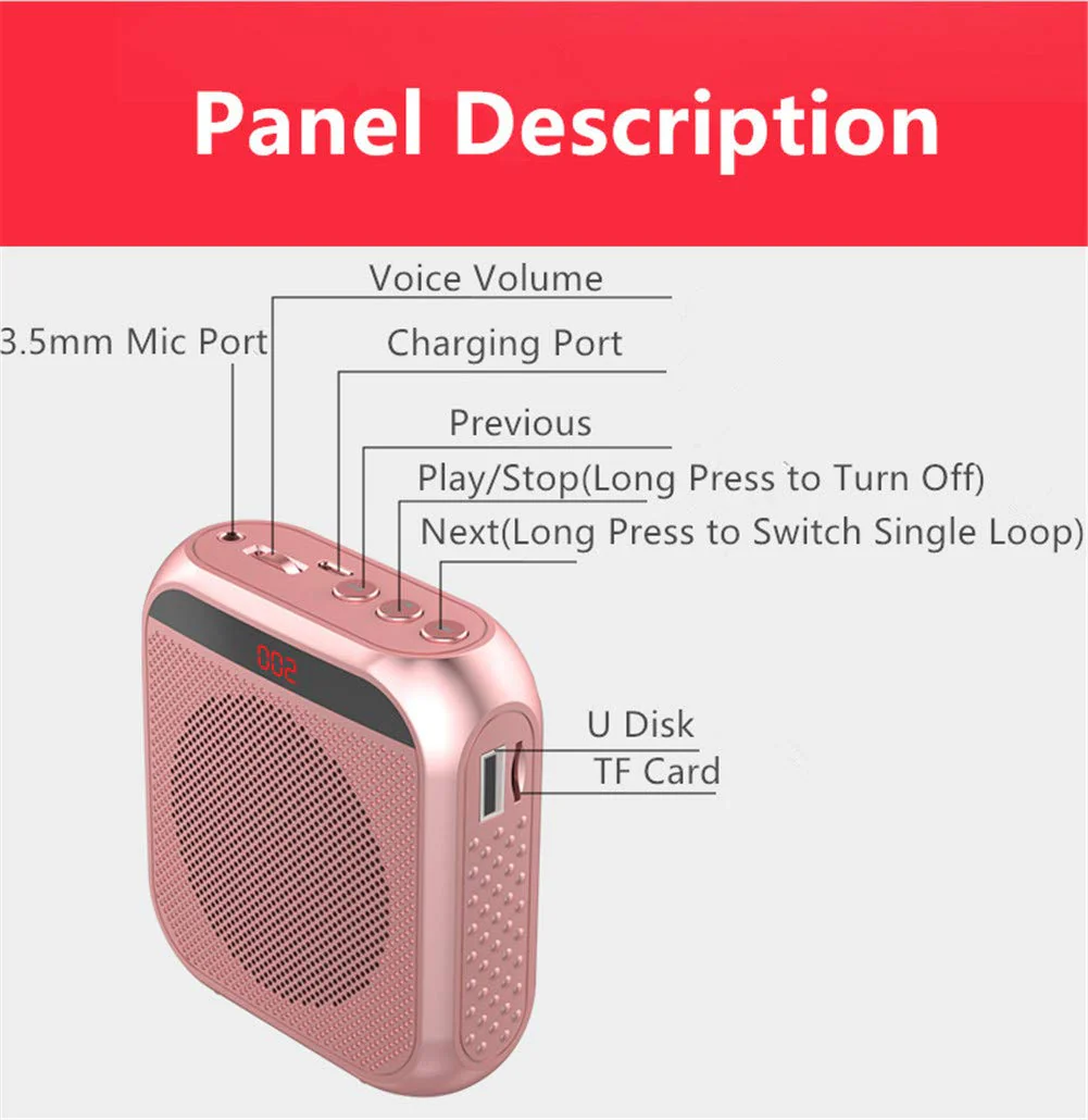 Portable Voice Amplifier with Wired Microphone Headset Rechargeable PA System Speaker Personal Microphone Speech Amplifier Power Amplifiers Loudspeaker for Teachers/Metting/Tour Guide (Rose Gold) - Image 5