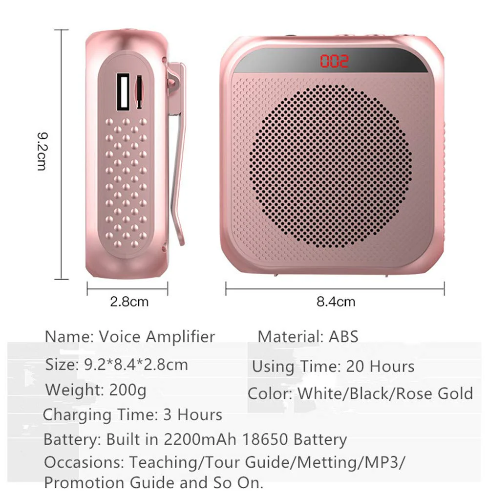Portable Voice Amplifier with Wired Microphone Headset Rechargeable PA System Speaker Personal Microphone Speech Amplifier Power Amplifiers Loudspeaker for Teachers/Metting/Tour Guide (Rose Gold) - Image 6