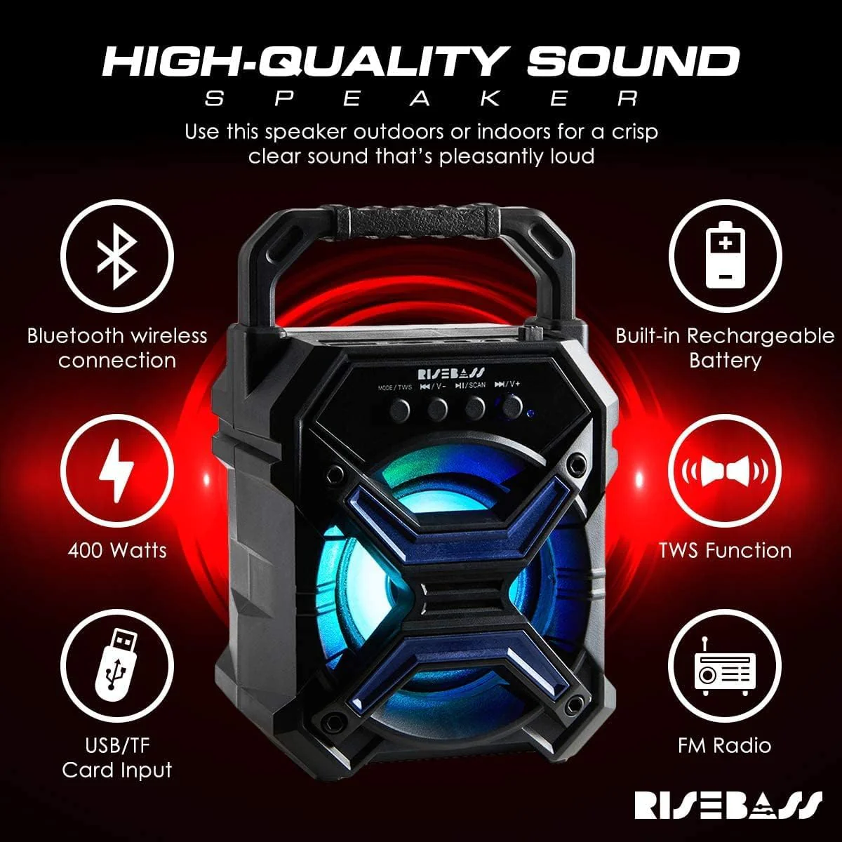 Portable Wireless Bluetooth Speaker for iPhone, Android, iPod and More - Rechargeable Bluetooth Speaker for Kids & Adults - Mini Speaker with Party Lights, for Hiking, Camping, Picnic and Boating Pack of 1 Red - Image 2