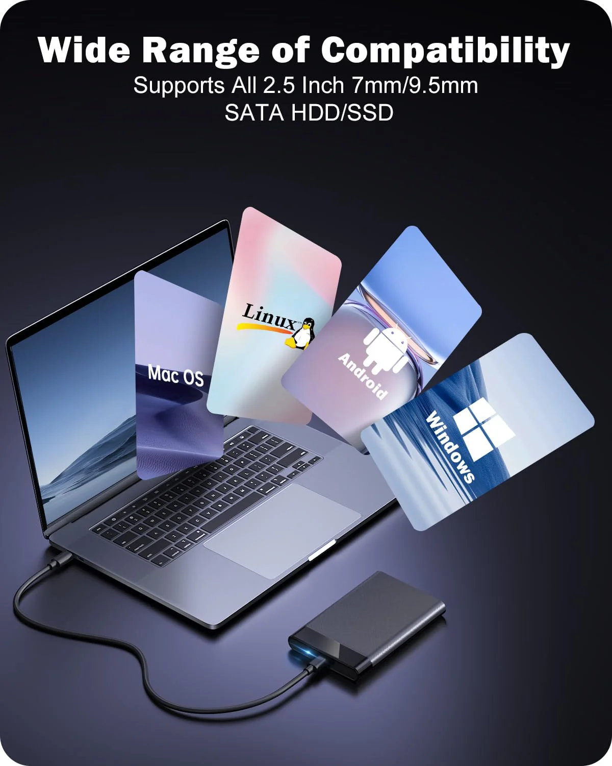 POSUGEAR 2.5'' External Hard Drive Enclosure, 6Gbps USB C 3.1 Gen 2 to SATA III Tool-Free External Hard Drive Case for 7mm/9.5mm 2.5 inch SSD HDD with UASP, Compatible with WD Toshiba Samsung PS4 Xbox BLACK-USB3.1 - Image 6